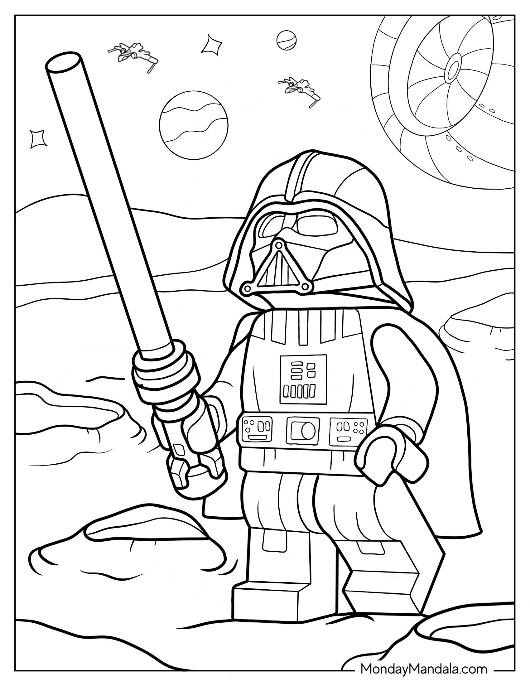 Simple Lego Star Wars Coloring Page Of Darth Vader Fighting In Space