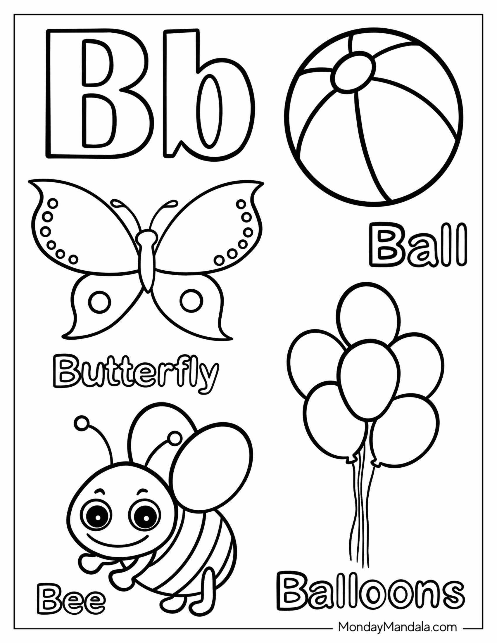 Simple Letter B Coloring Page With Ball, Butterfly, Balloon, And Bee For Kids