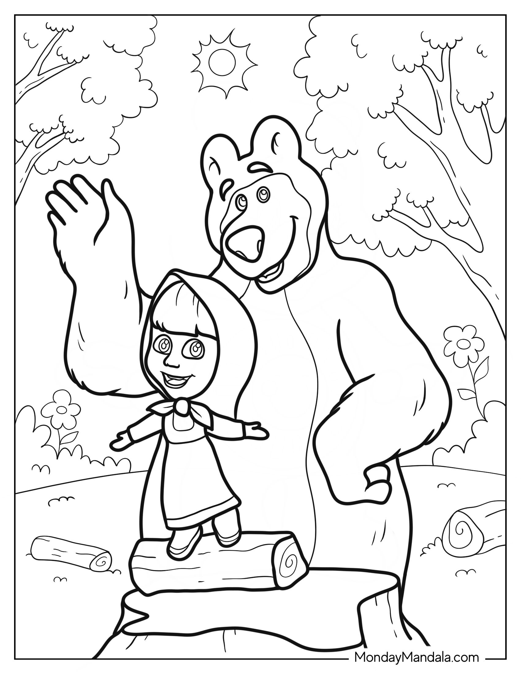 Simple Masha And The Bear Coloring Page Outdoors