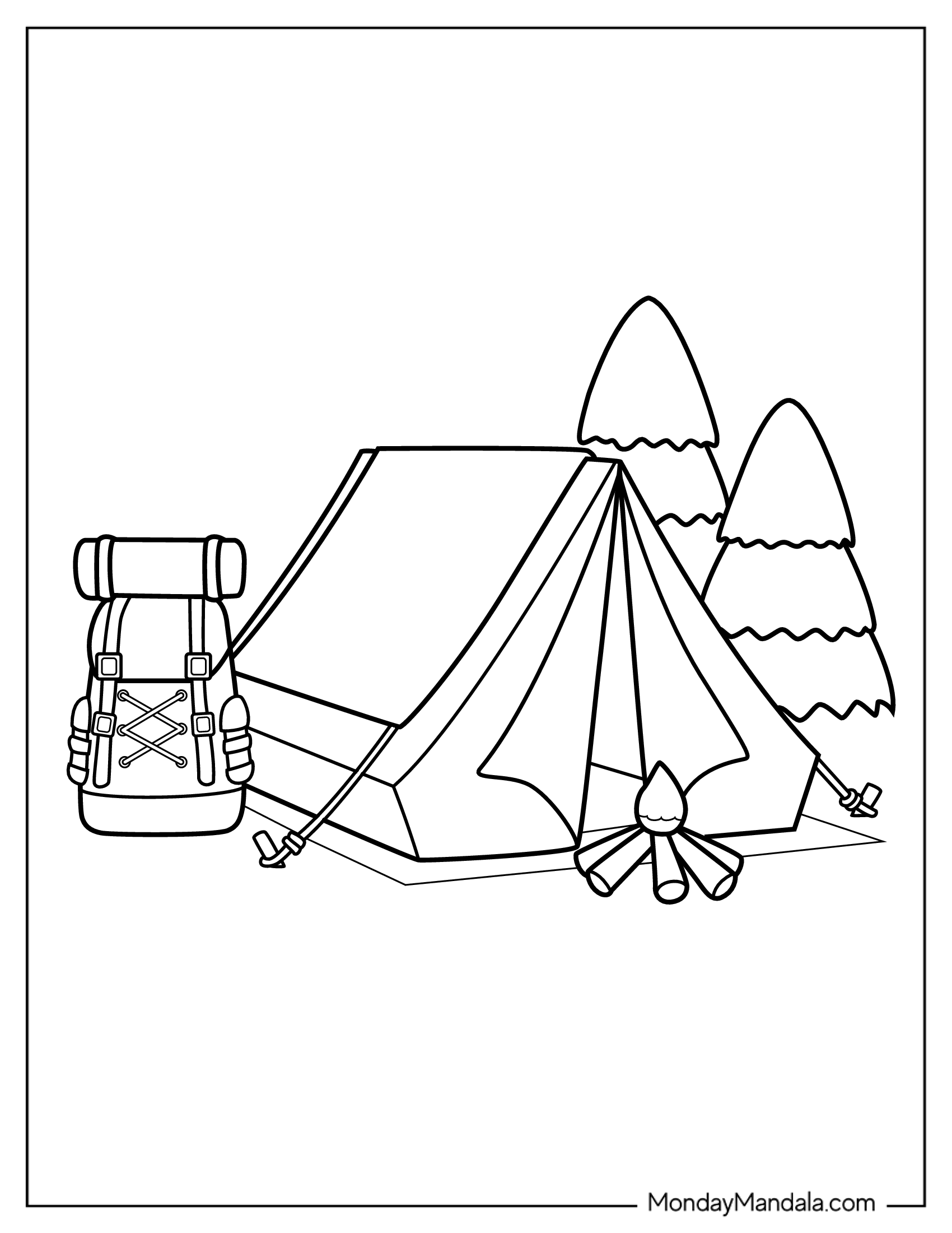 Simple Outline Of Tent, Bonfire, And Rucksack