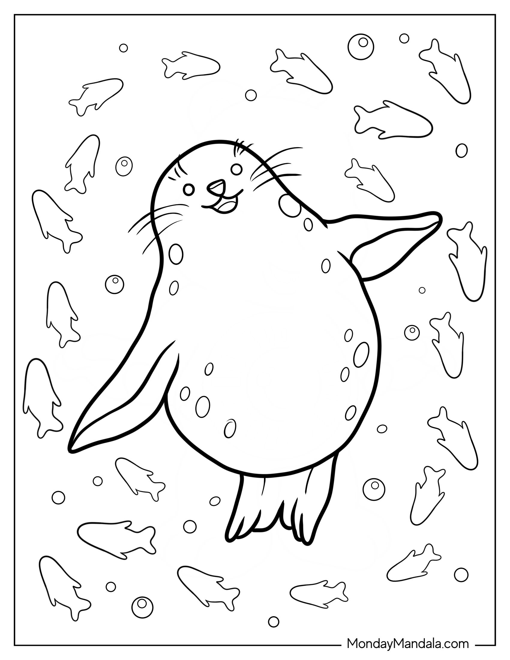 Simple Seal Coloring Page Surrounded By Fish