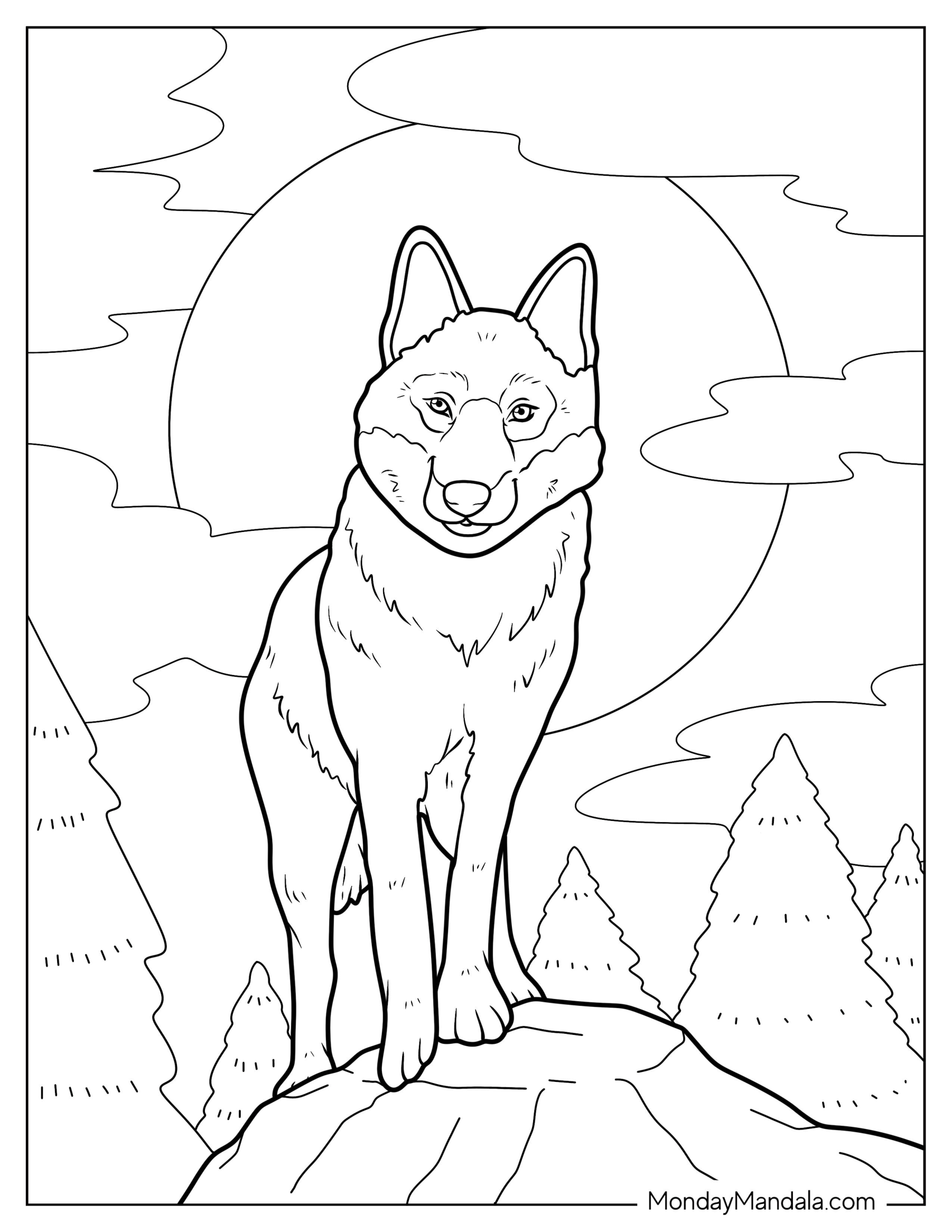 Simple Wolf Coloring Page Standing On Top Of Rock