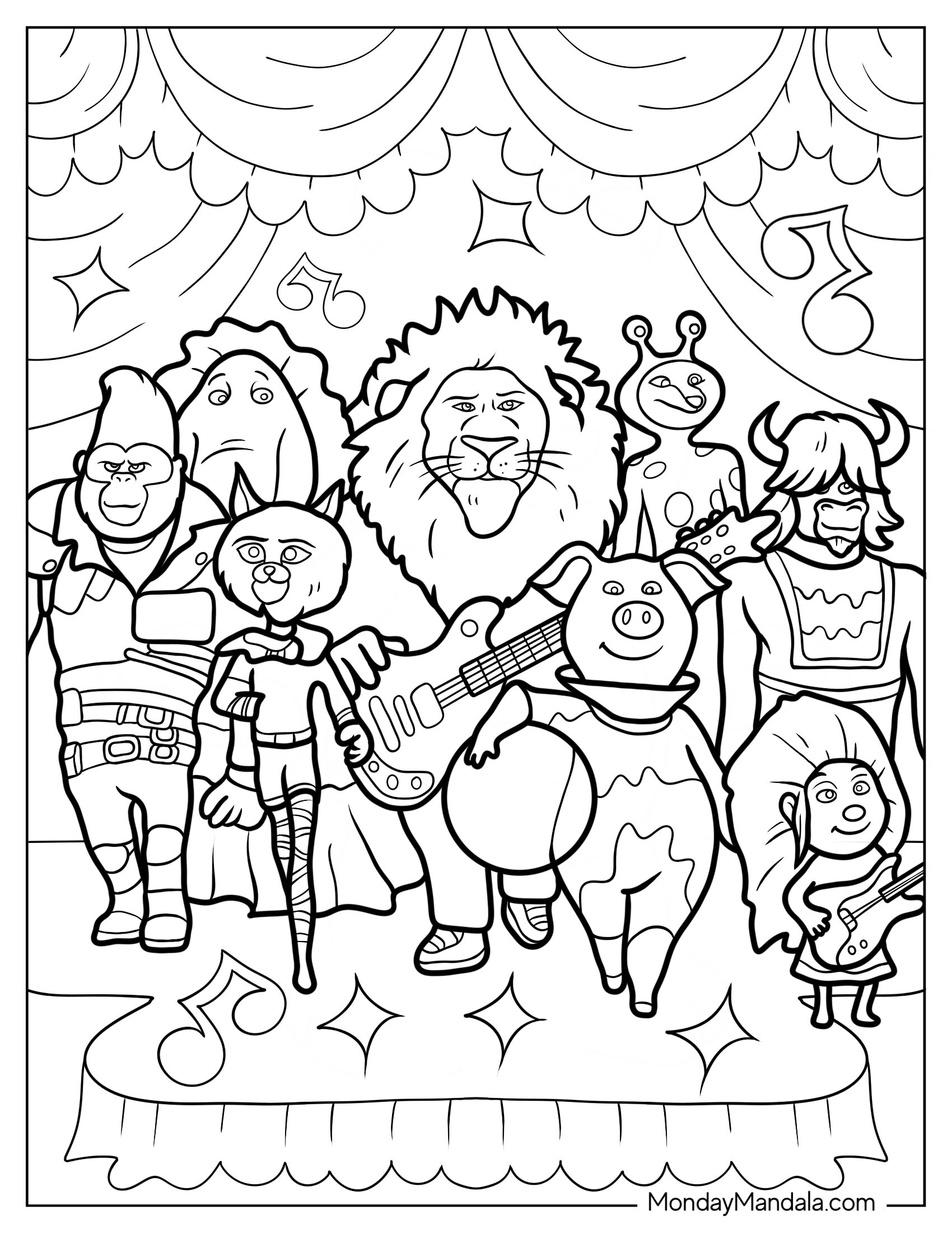 Sing Coloring Page Of Clay, Rosita, Johnny, Meena, Ash, And Friends In Rock N Roll Costumes