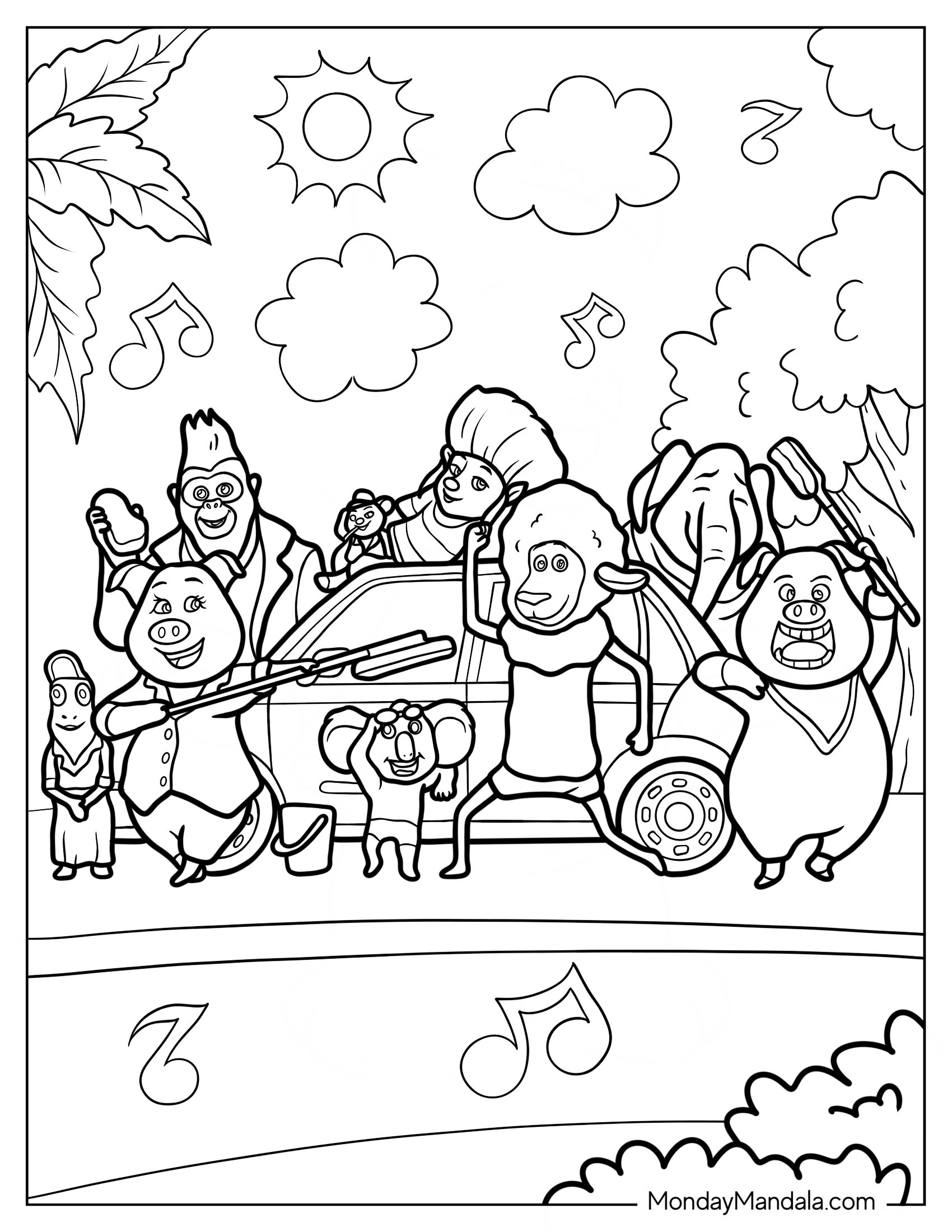 Sing Coloring Page Of Rosita, Gunter, And Friends Singing And Dancing In Front Of Car