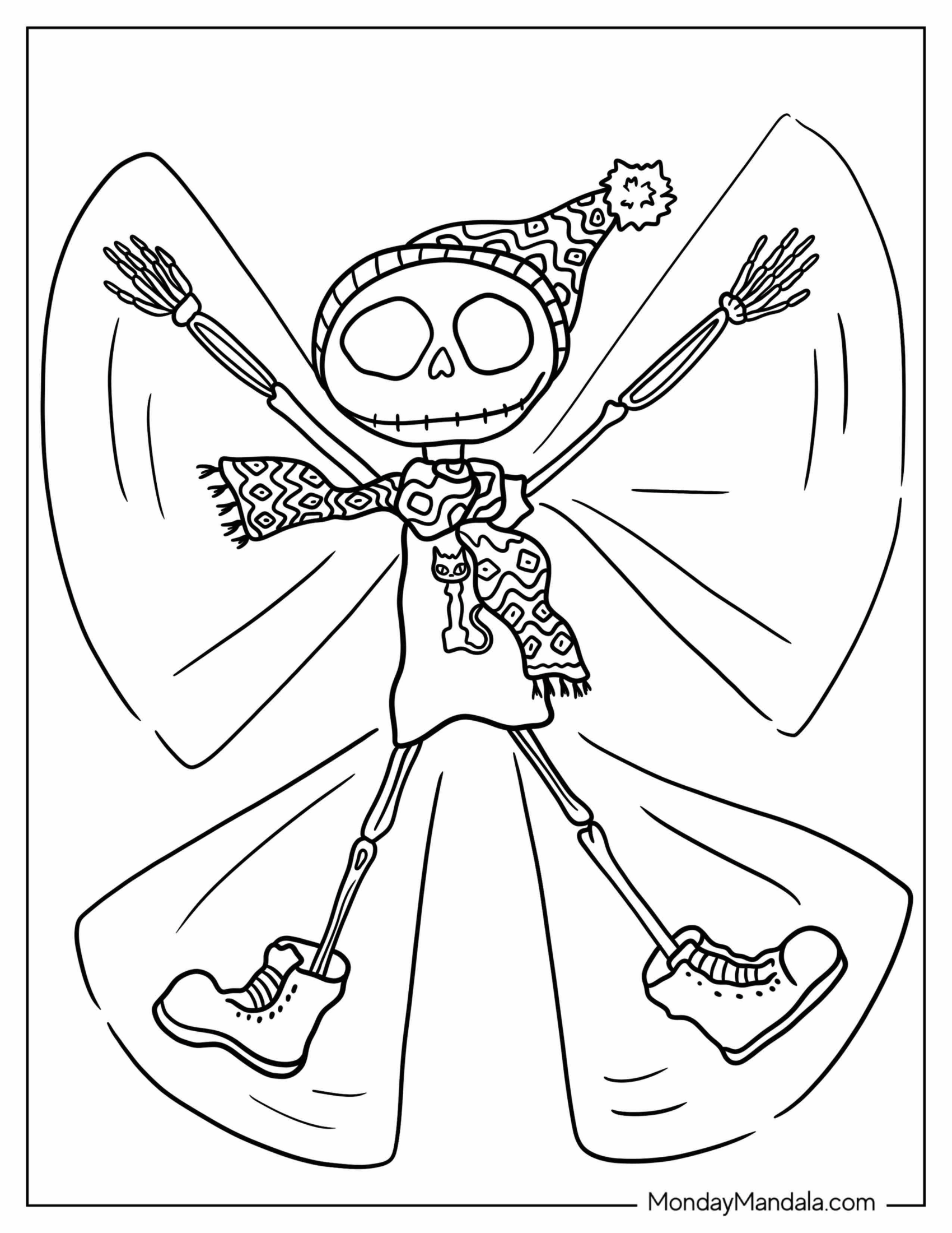 Skeleton Coloring Page Making Snow Angel On Christmas