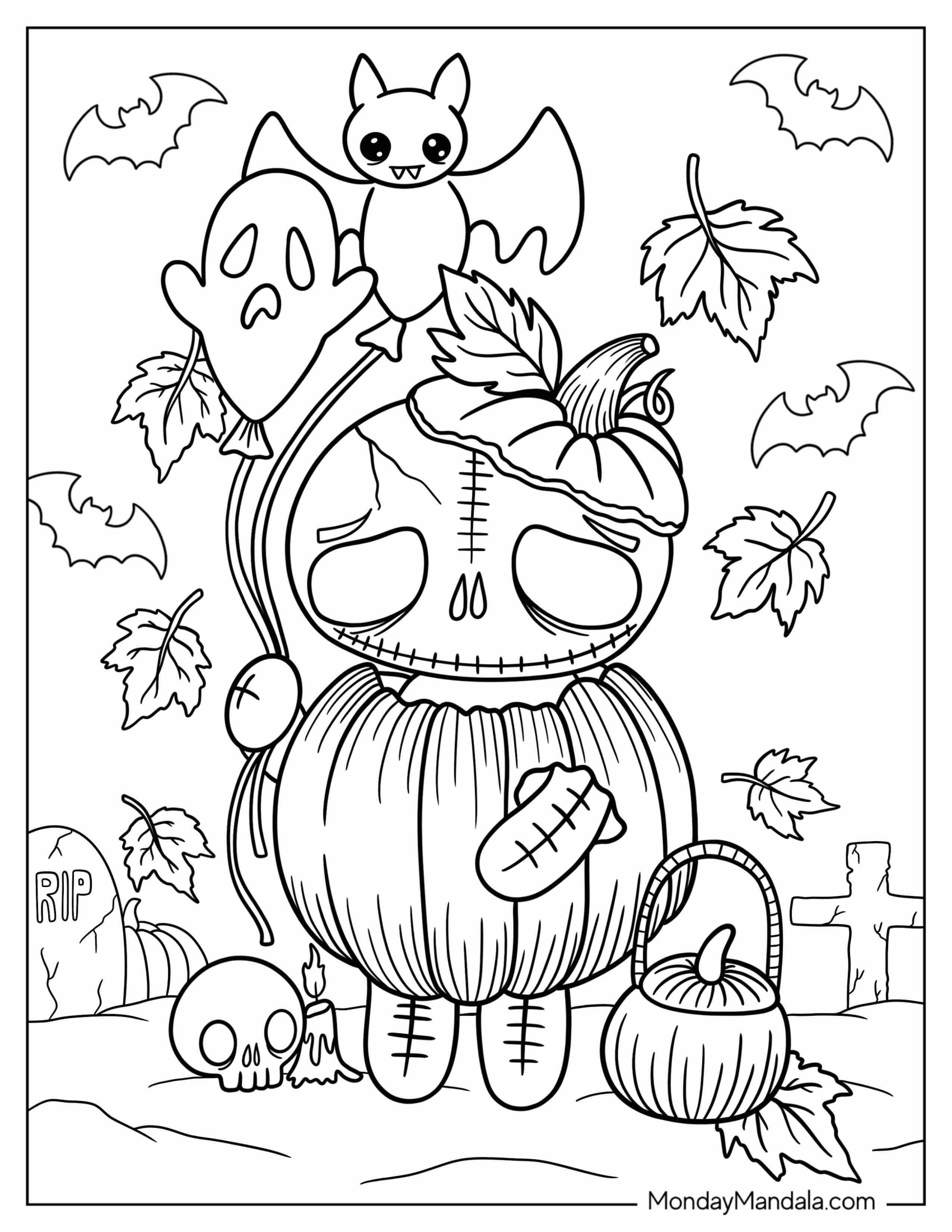 Skeleton Coloring Page Of Jack O Lantern With Ghost And Bat