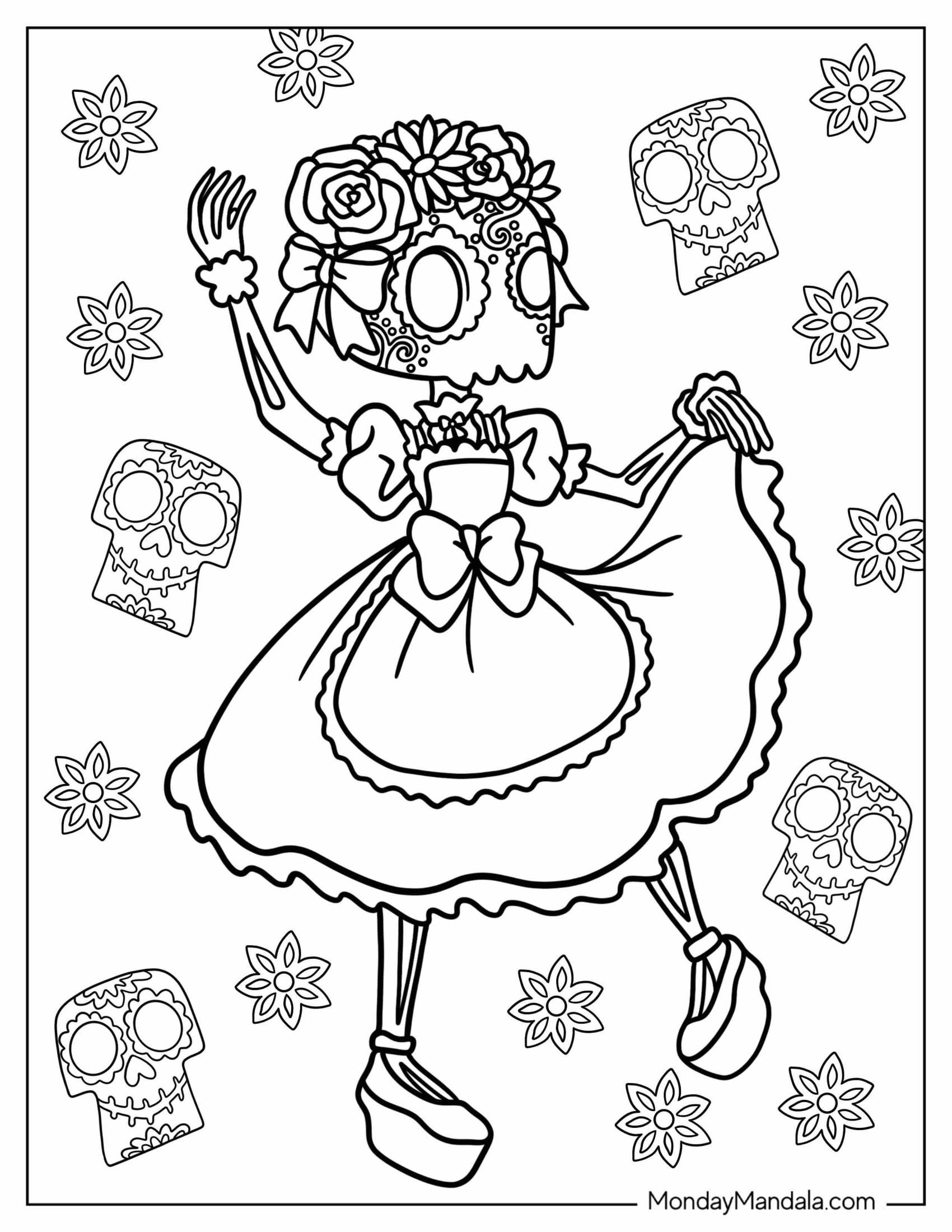 Skeleton Coloring Page Of Sugar Skull With Flower Crown Dancing