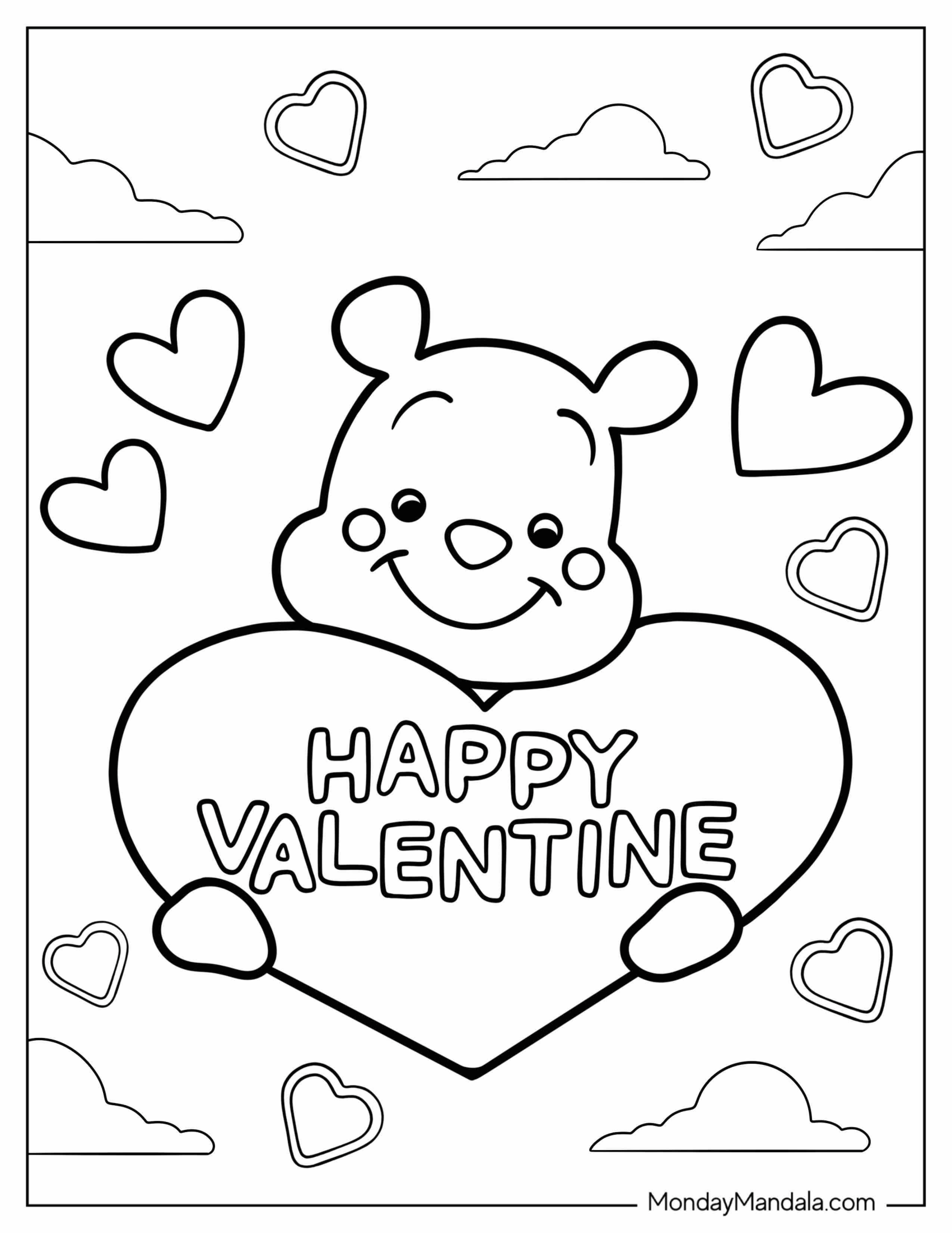 Smiling Bear Holding Happy Valentine's Day Coloring Page Sign For Kids