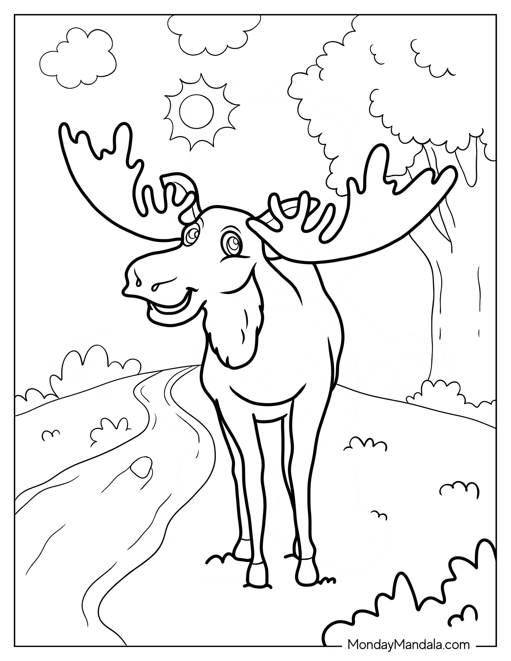 Smiling Cartoon Moose Coloring Page Standing Under The Sun