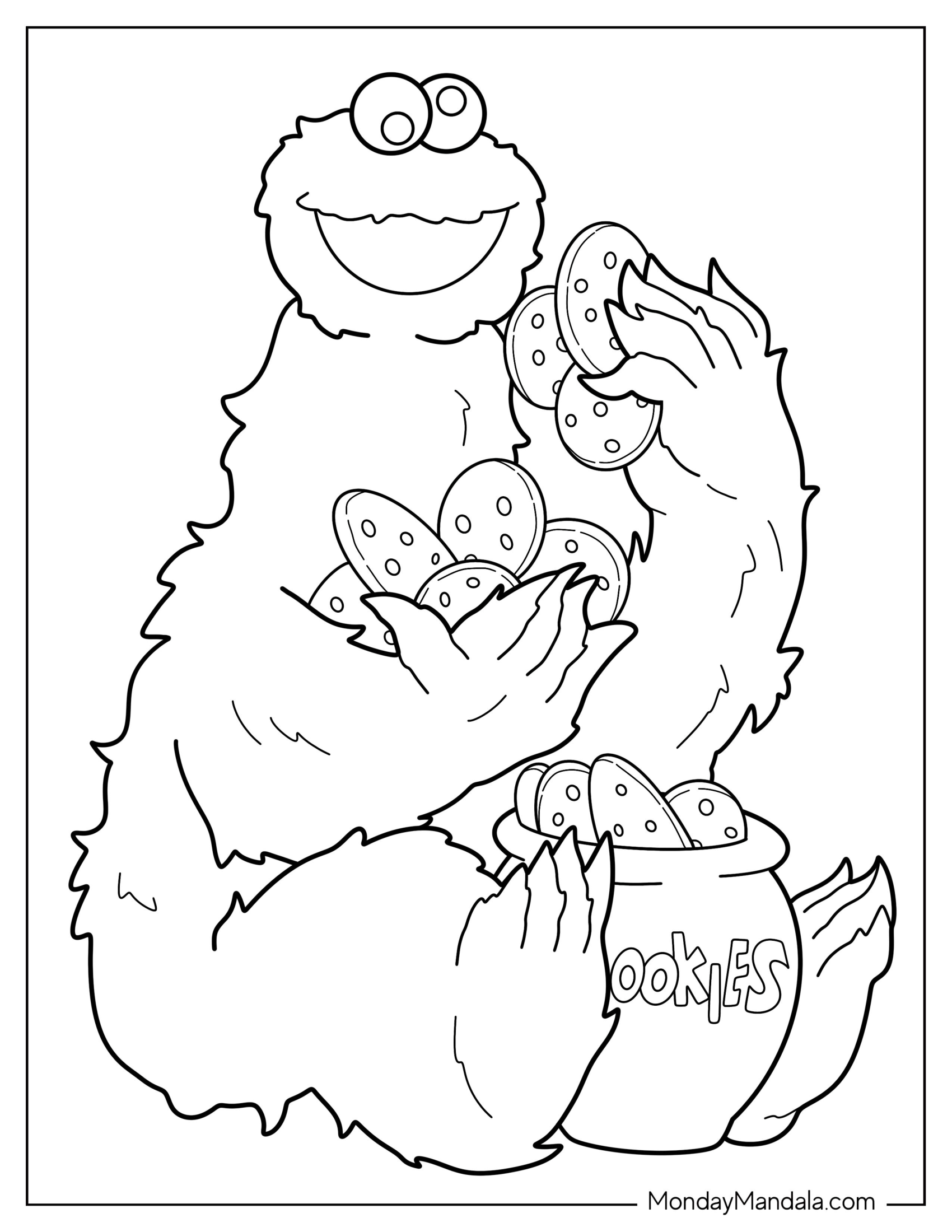 Smiling Cookie Monster Coloring Page Eating Tons Of Cookies