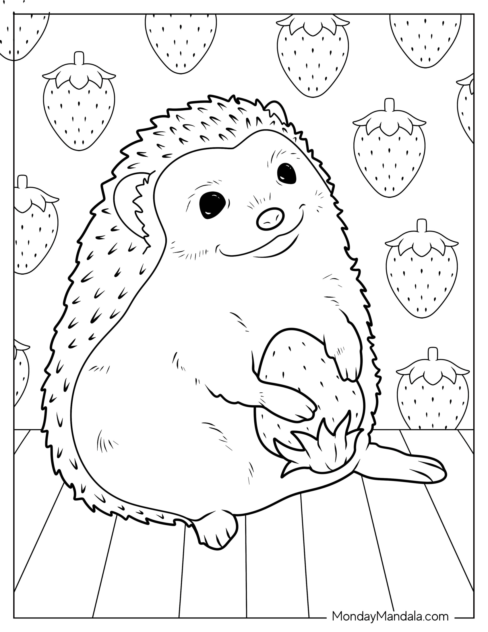 Smiling Hedgehog Coloring Page Holding Strawberry