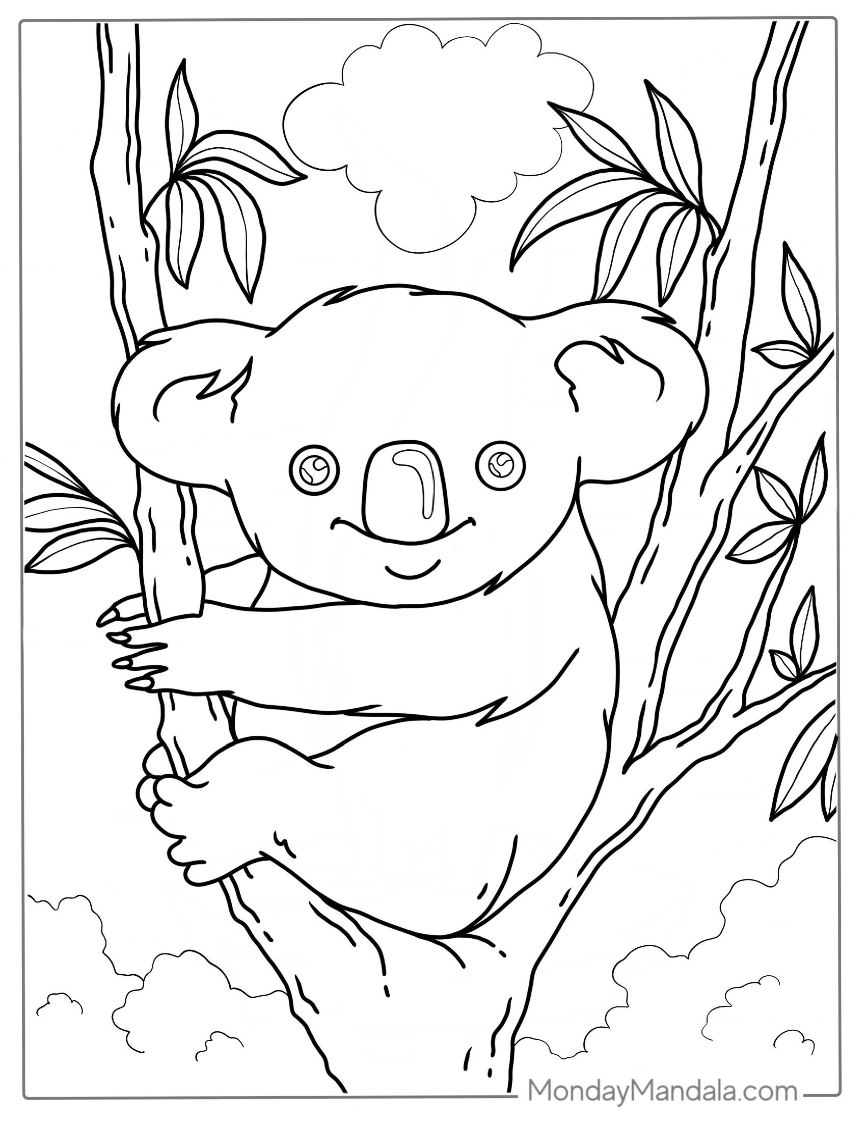 Smiling Koala Sitting In Gumtree Coloring Sheet