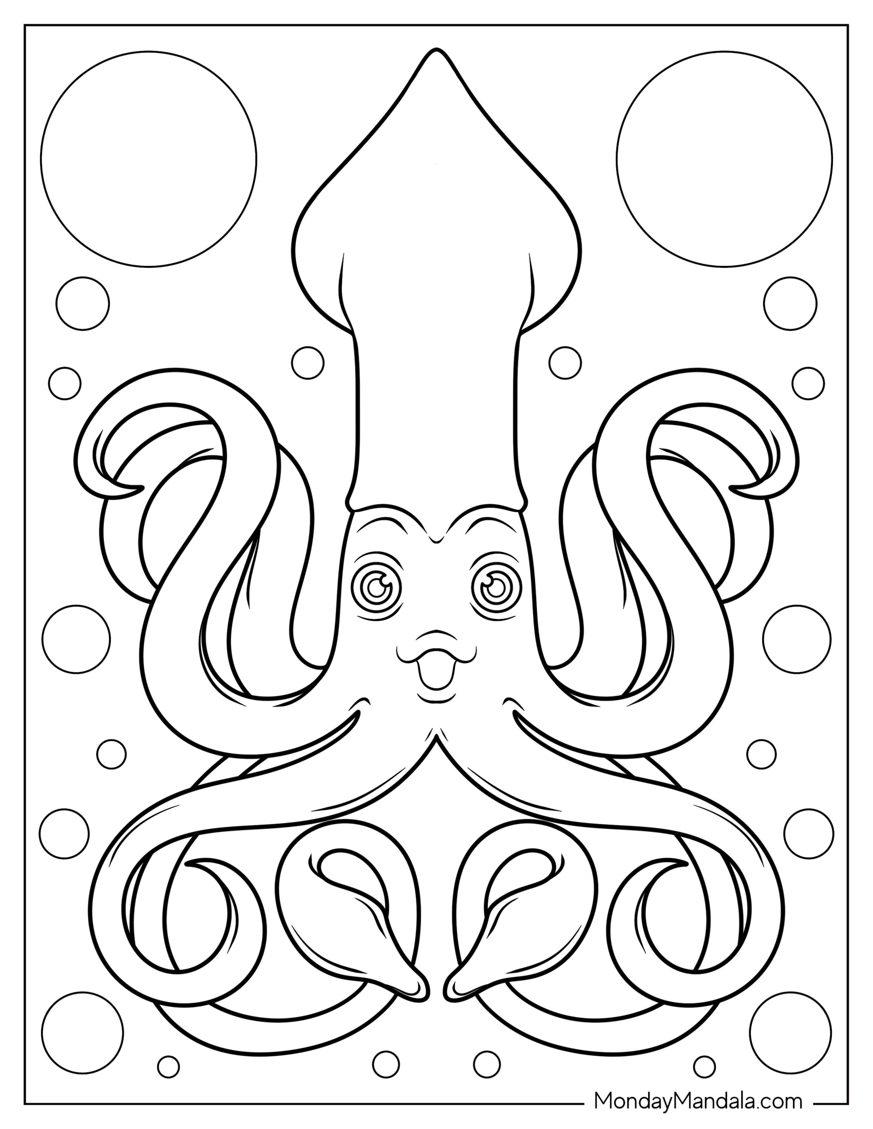 Smiling Octopus Squid Coloring Page For Kids