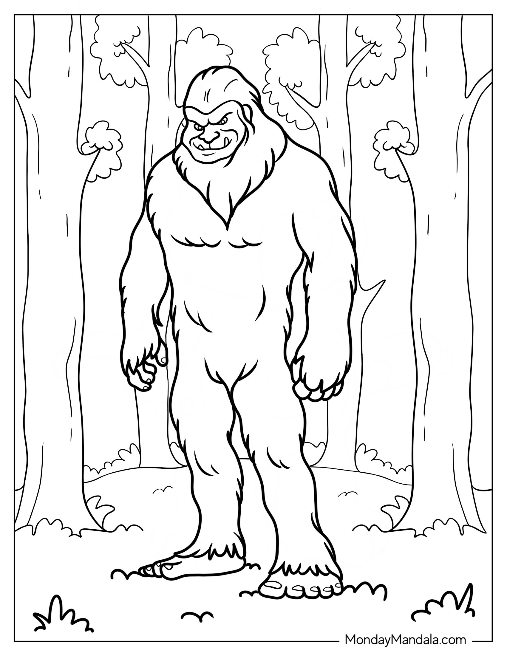 Smirking Bigfoot And Yeti Coloring Page Standing Beside Trees