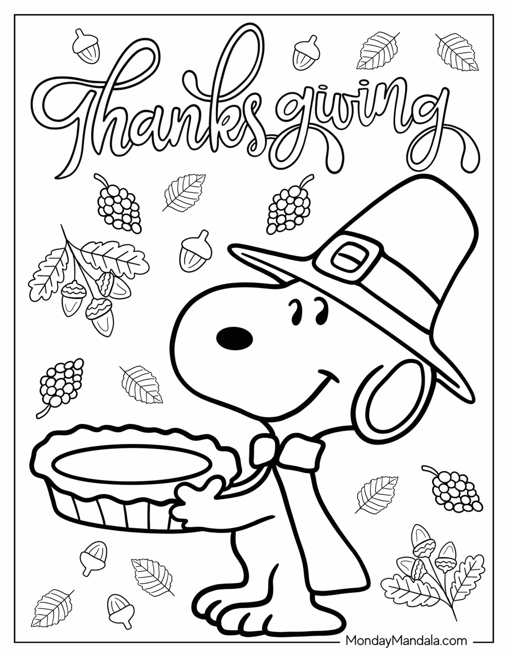 Snoopy Carrying Thanksgiving Pie Coloring Sheet