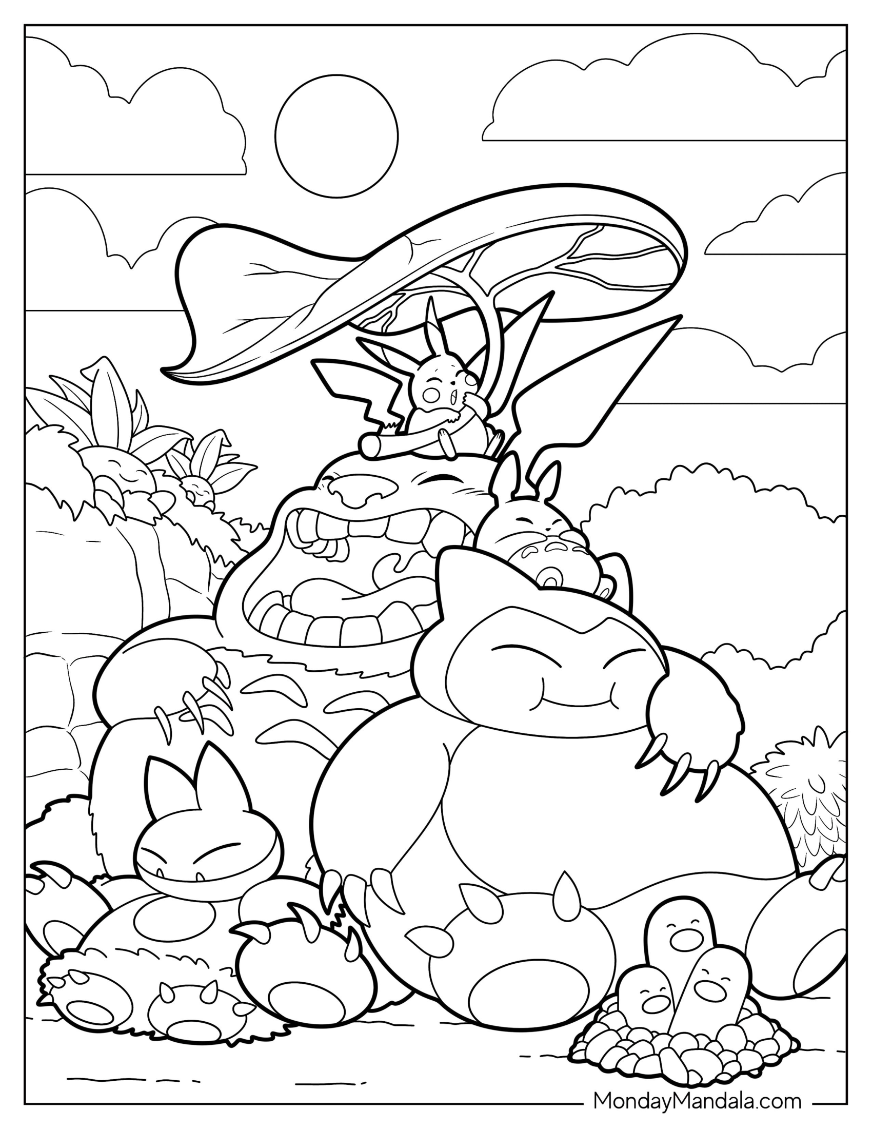 Snorlax Coloring Page With Munchlax, Dugtrio, And Pikachu Sleeping Beside Totoro