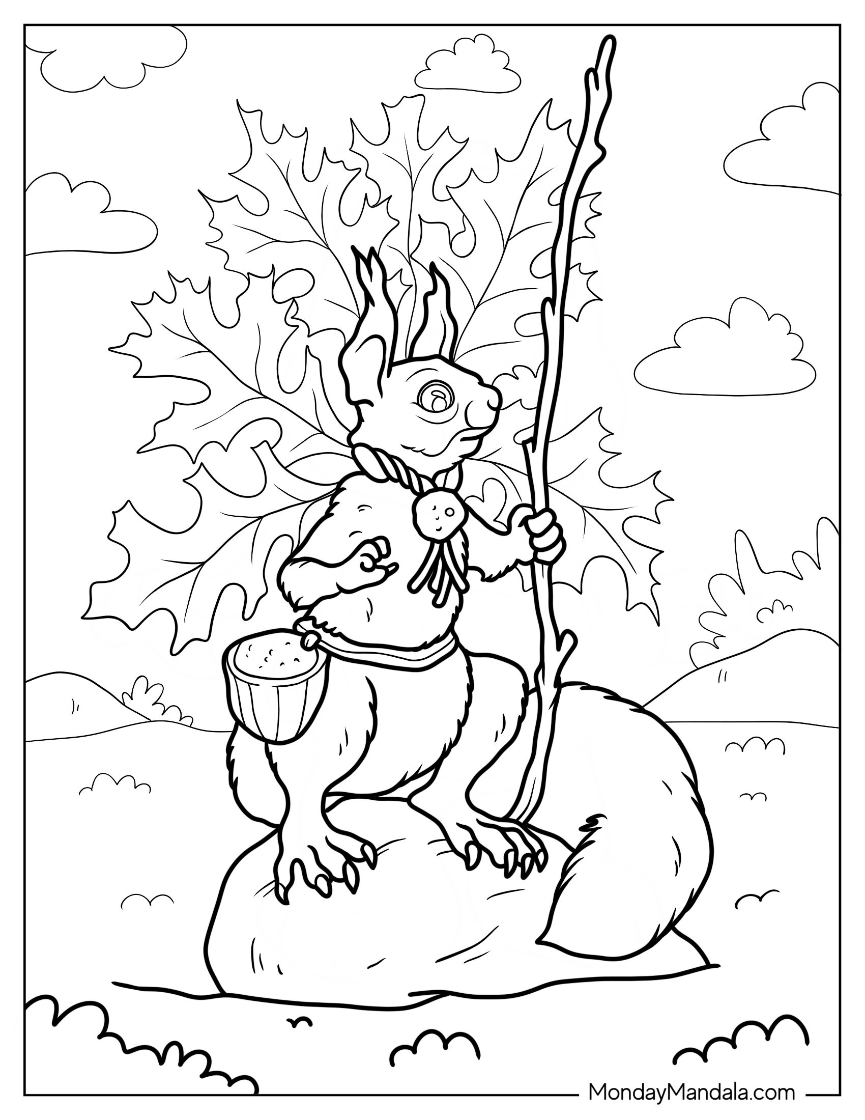 Squirrel Coloring Page Holding Stick And Wearing Basket For Collecting Nuts