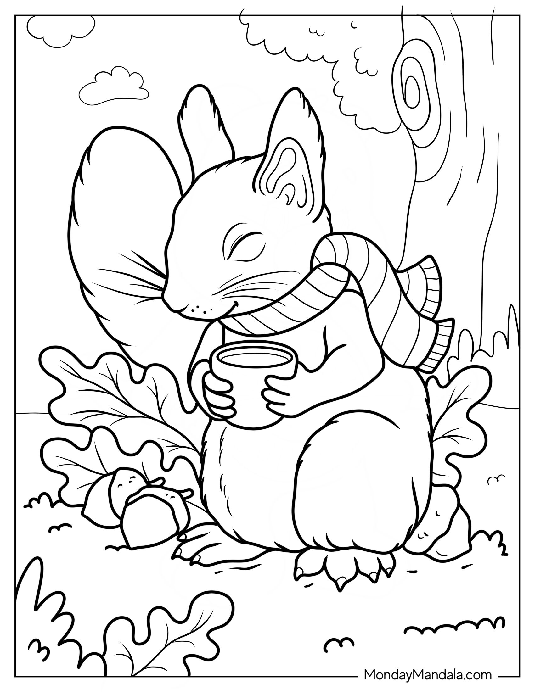 Squirrel Coloring Page Sitting On Fall Leaves With Scarf And Hot Drink