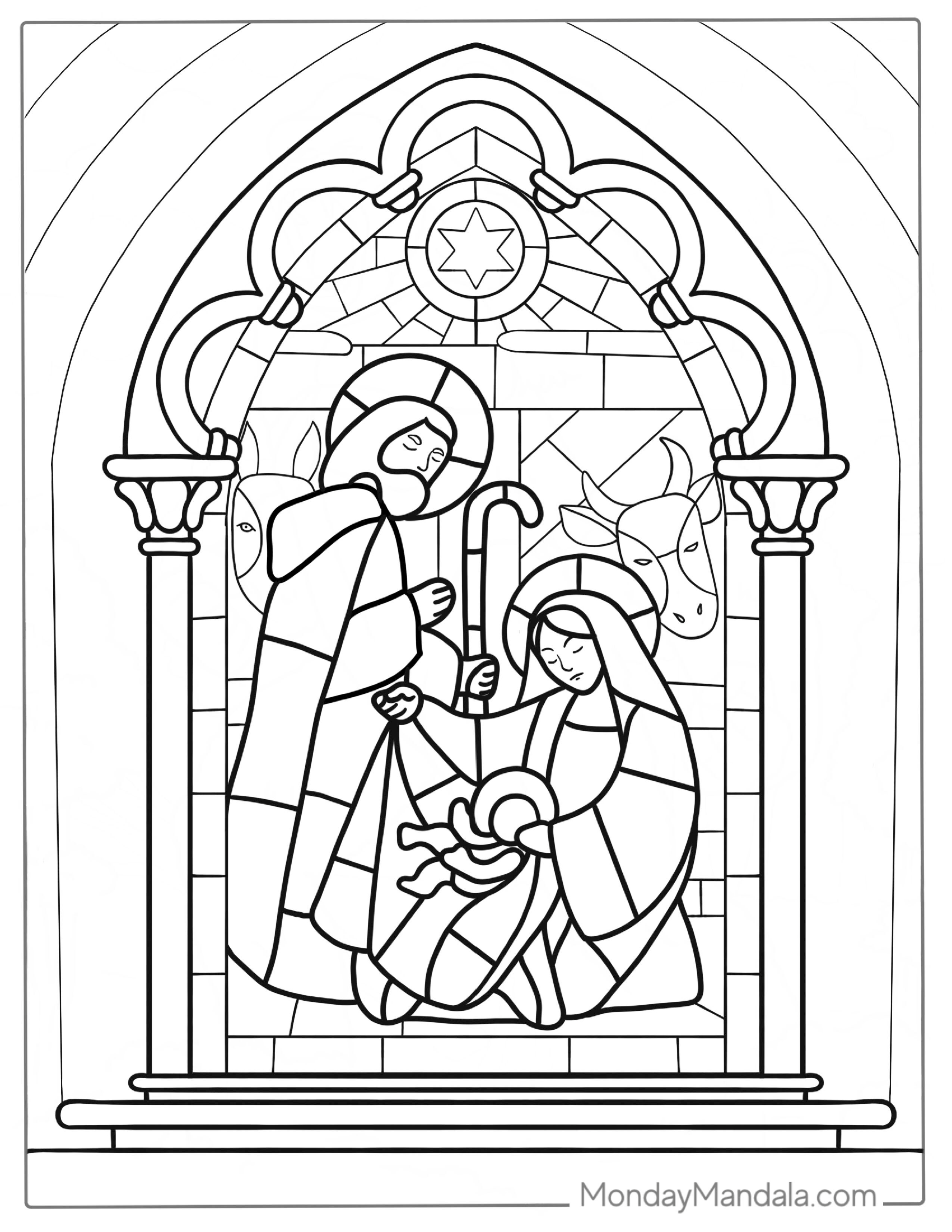 Stained Glass Nativity of Jesus Coloring Page