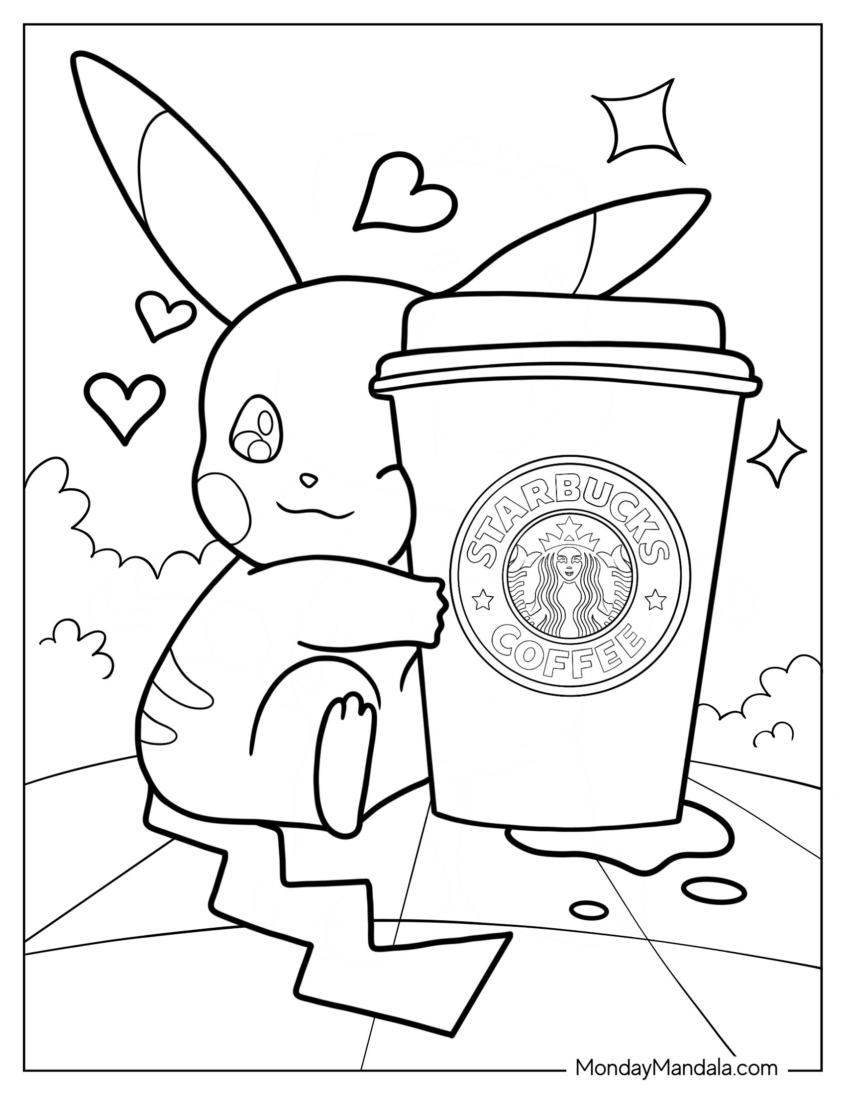 Starbucks Coloring Page Of Pikachu Embracing Starbucks Hot Coffee Cup