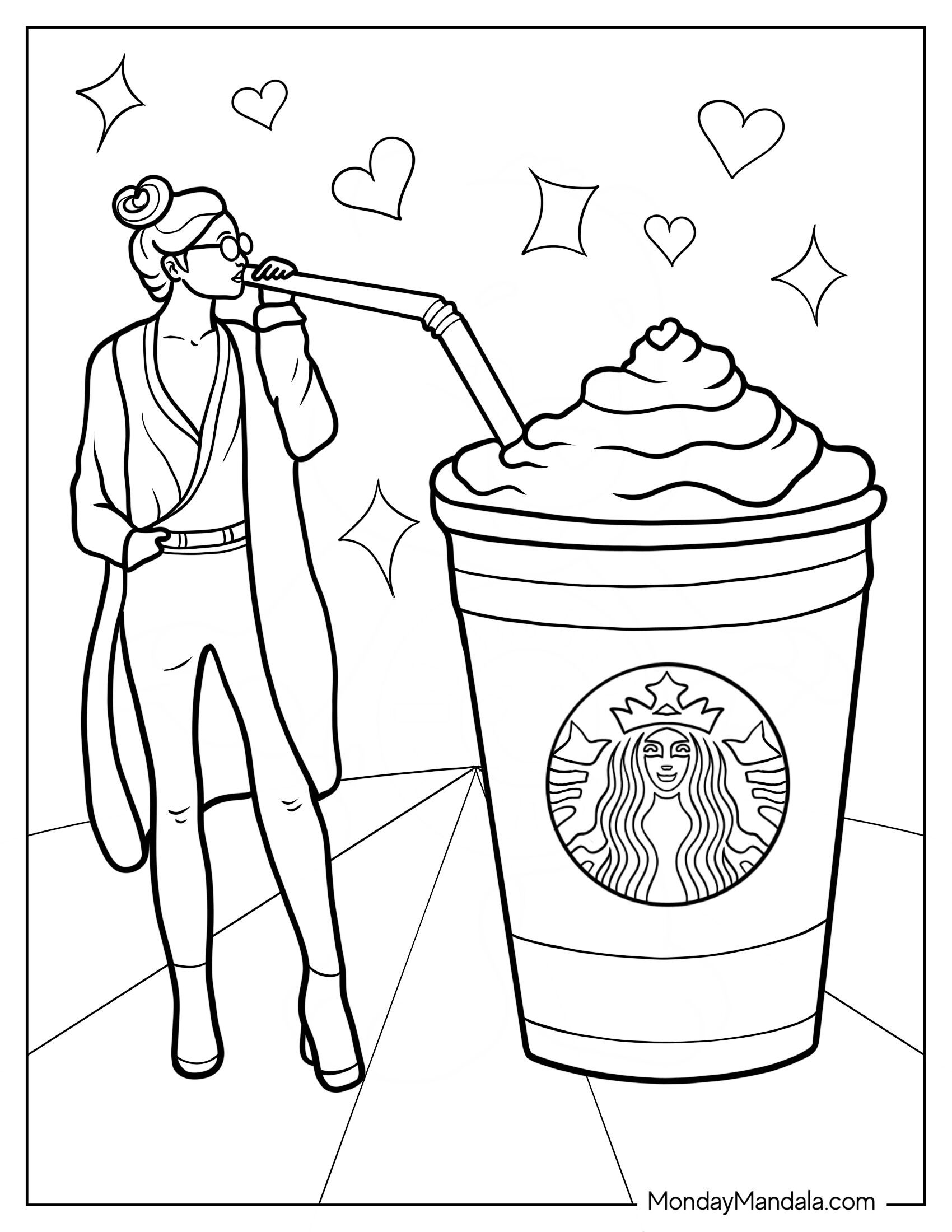 Starbucks Coloring Page Of Woman Sipping Straw Of Large Coffee