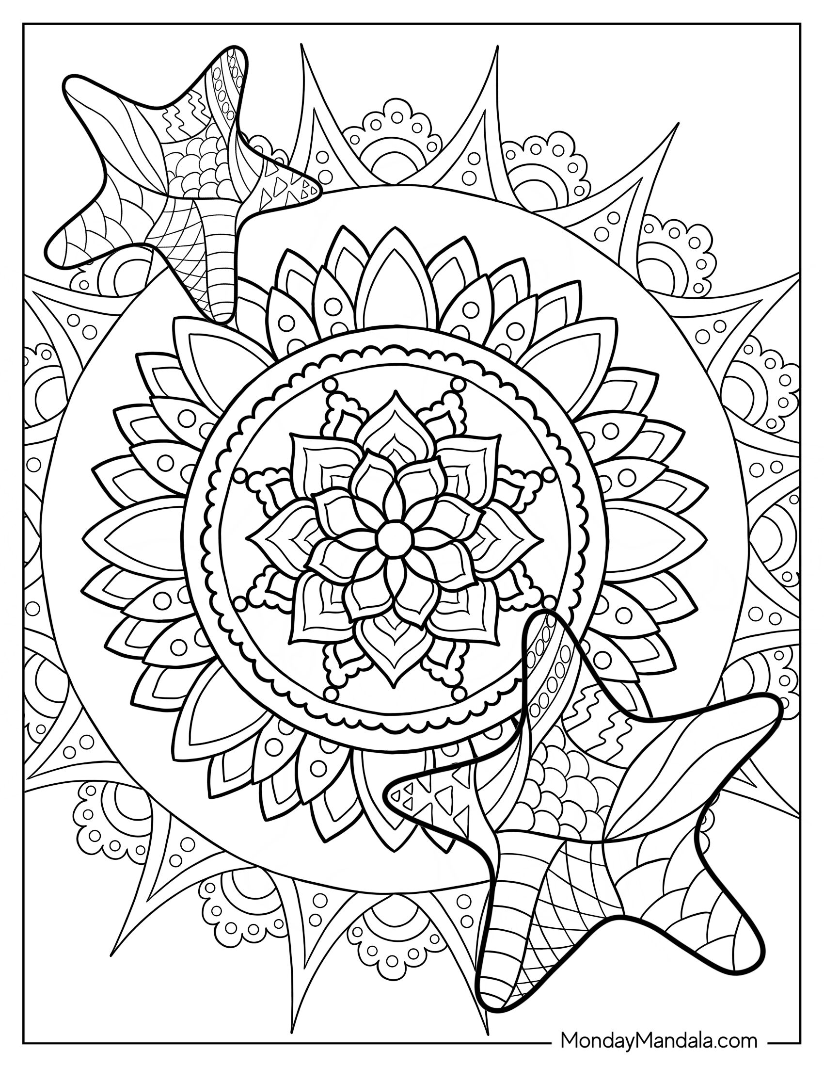 Starfish Coloring Page And Flower Mandala