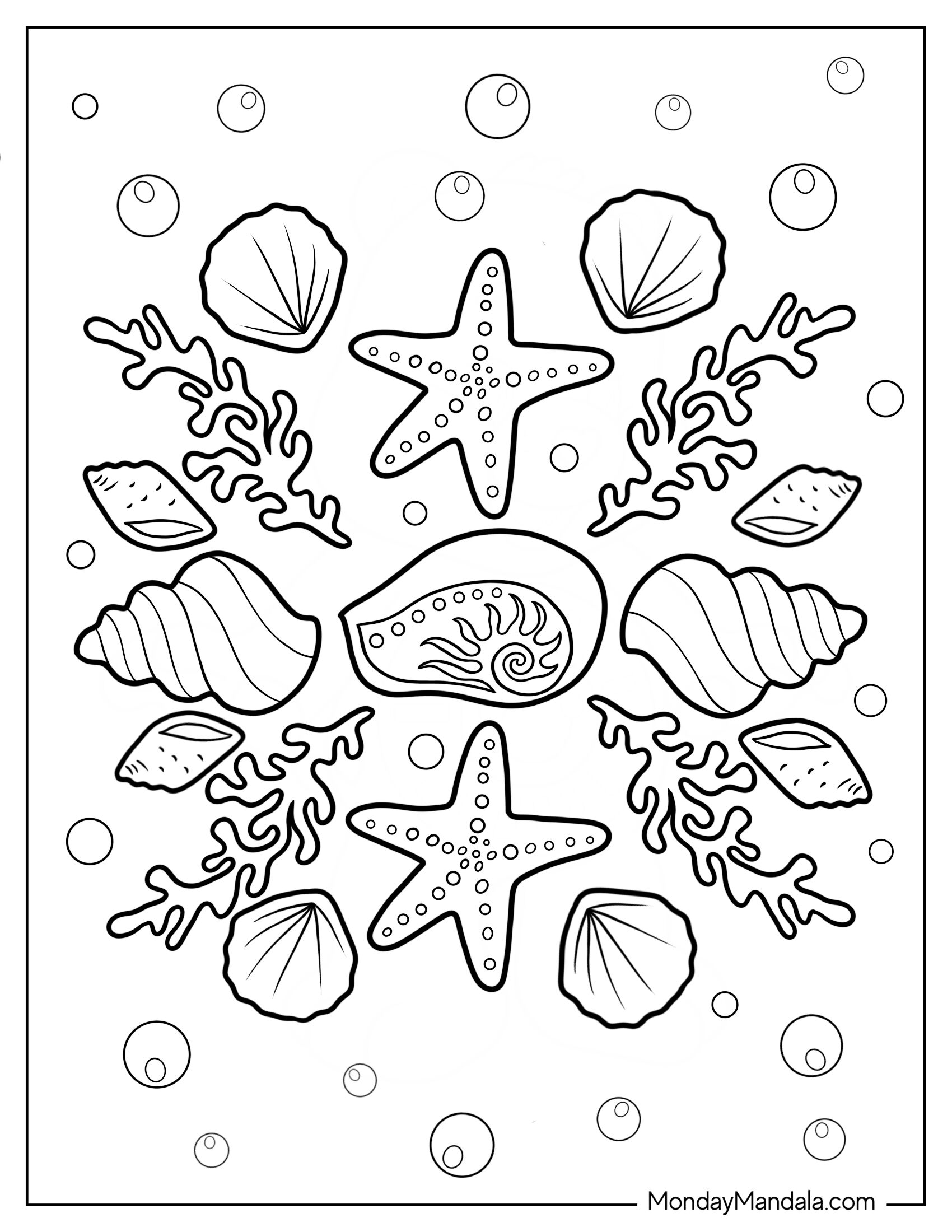 Starfish Coloring Page With Seashells And Seaweeds