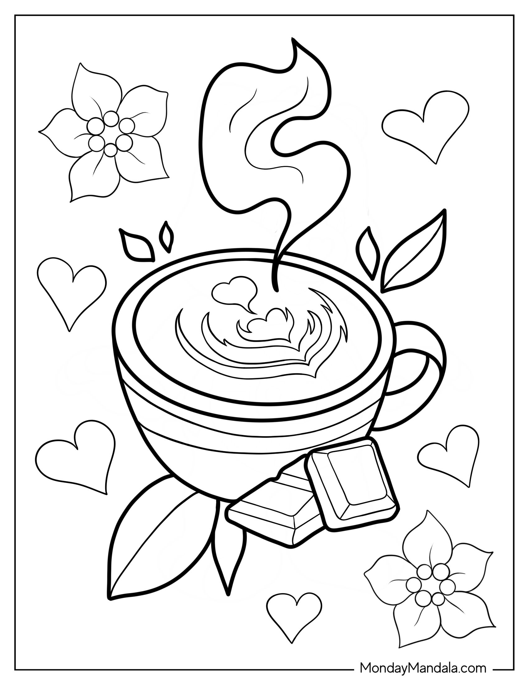 Steaming Coffee Coloring Page Art With Pieces Of Chocolate