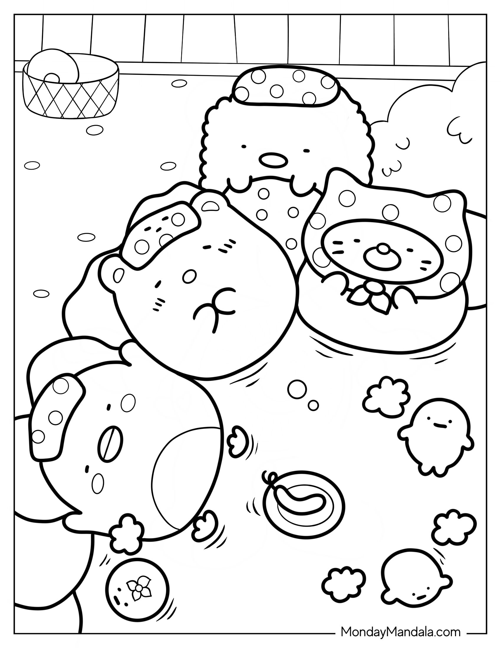 Sumikko Gurashi Coloring Page Of Penguin, Shirokuma, Neko, And Tonkatsu In Bath