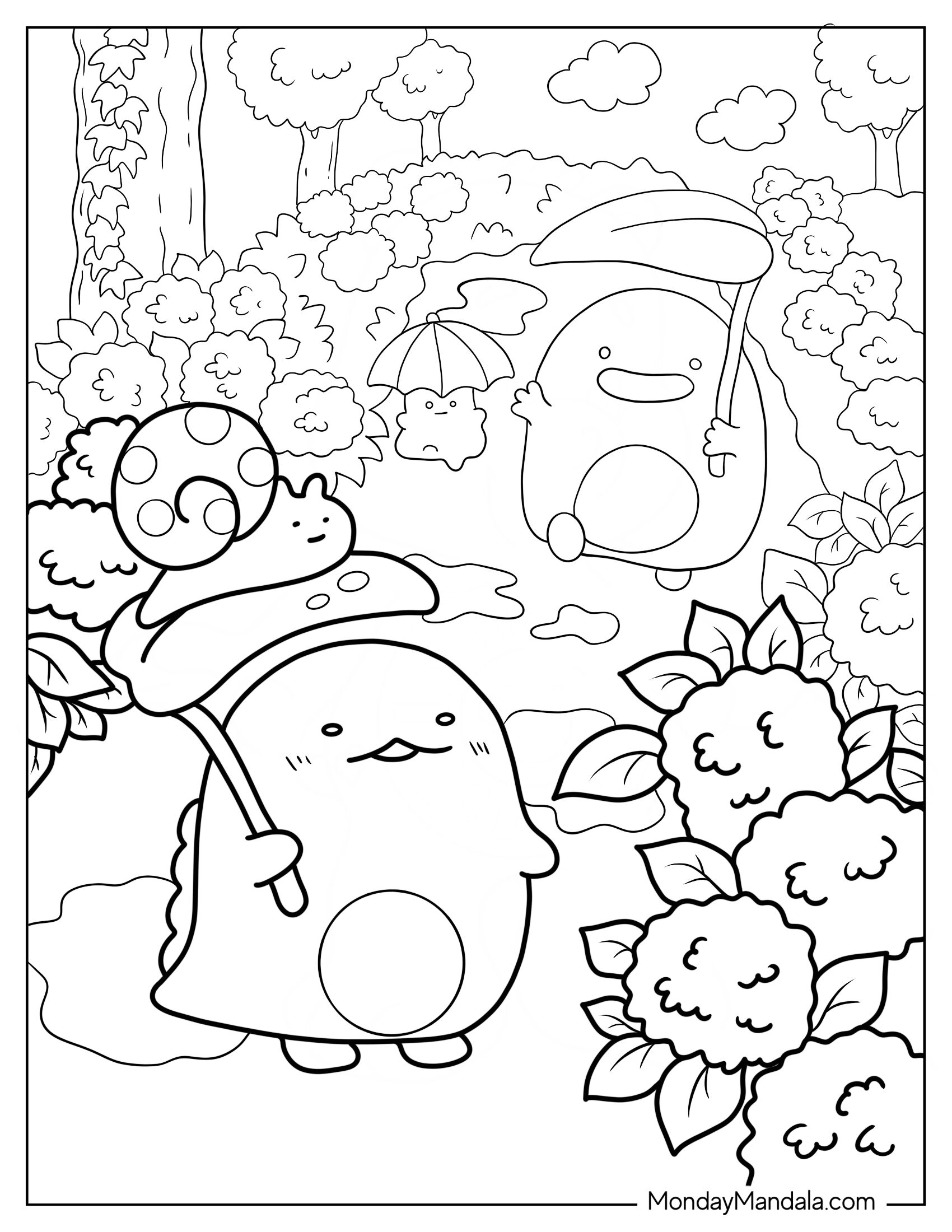 Sumikko Gurashi Coloring Page Of Tokage With Penguin And Minnikos Under The Rain