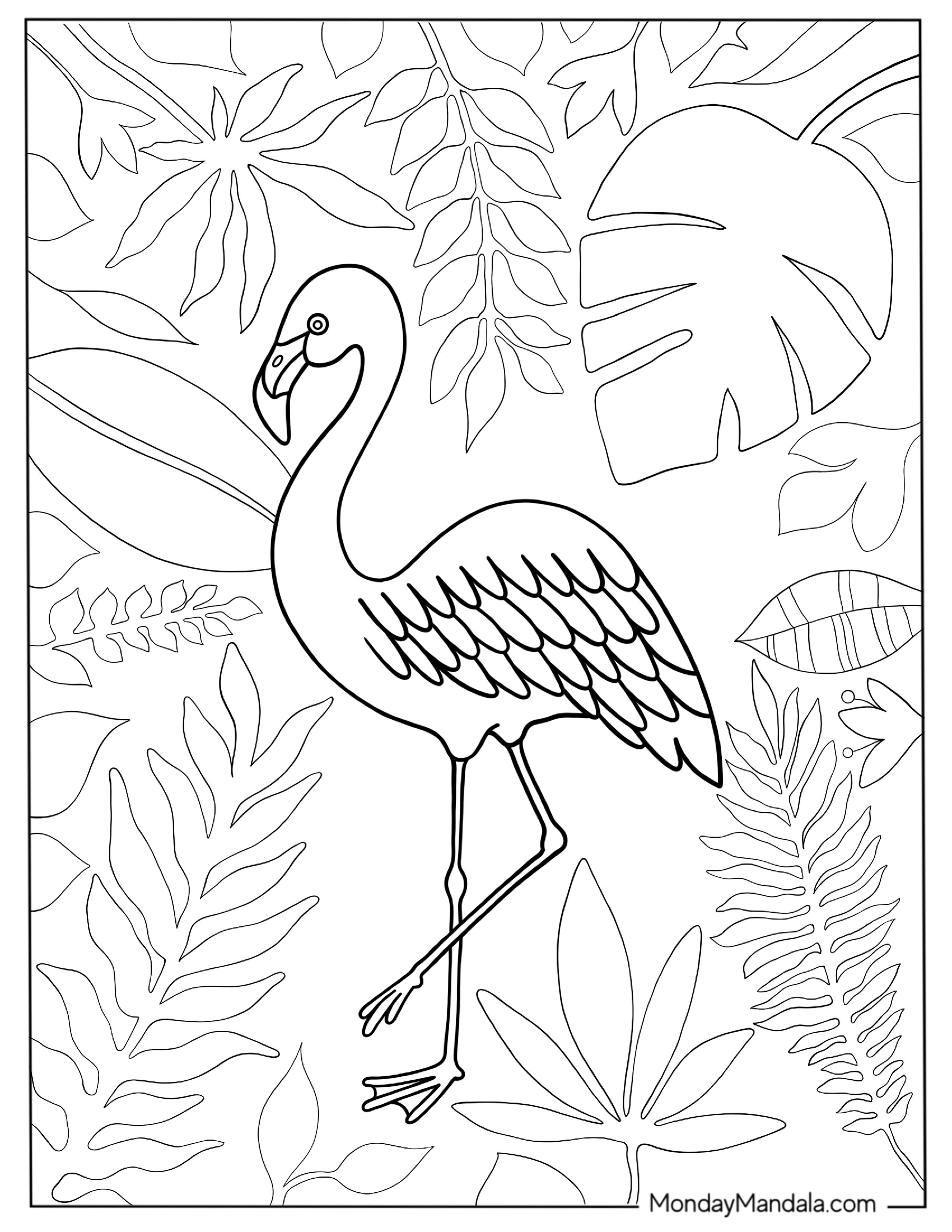 Summer Themed Flamingo With Tropical Leaves