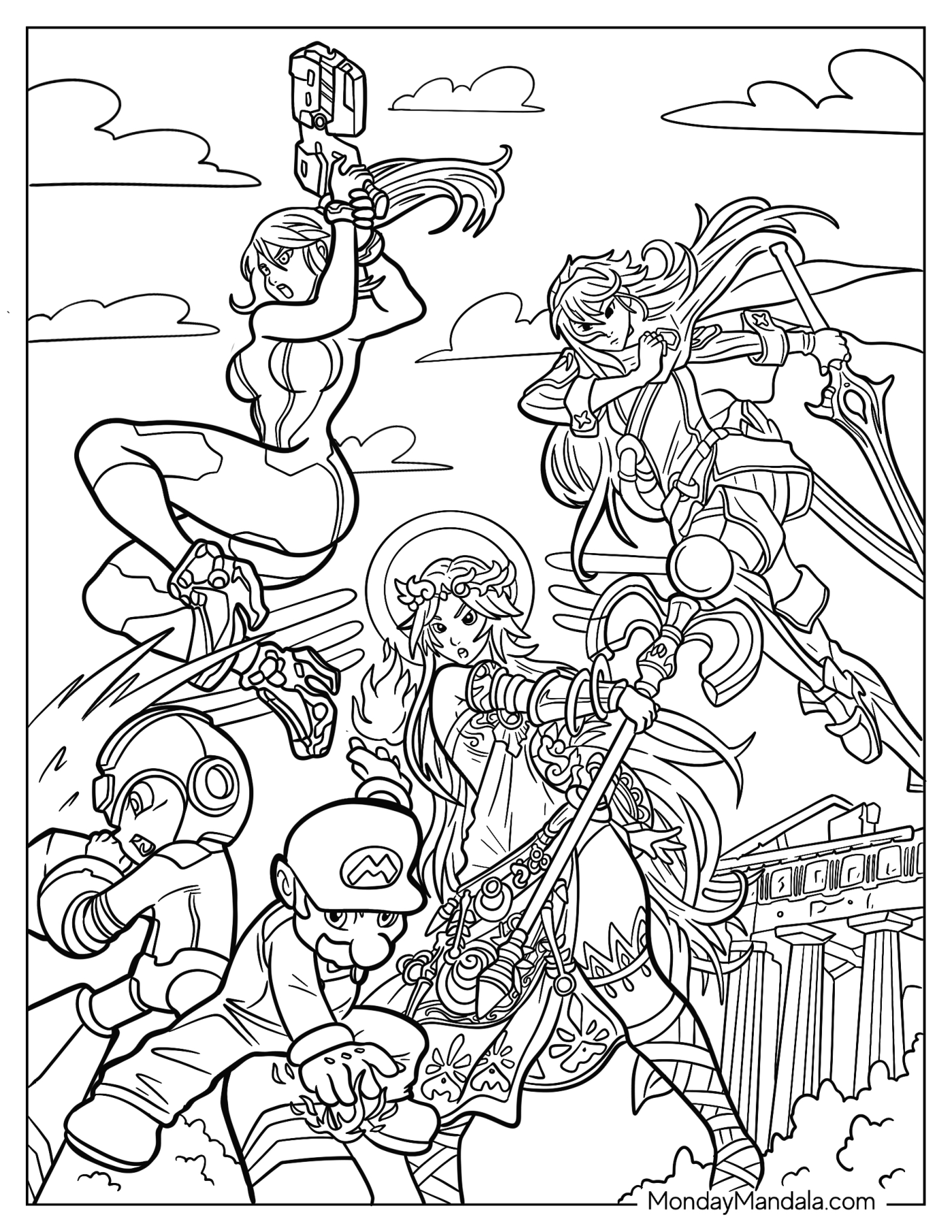 Super Smash Bros Coloring Page Of Mario, Mega Man, Palutena, Samus Aran, And Lucina