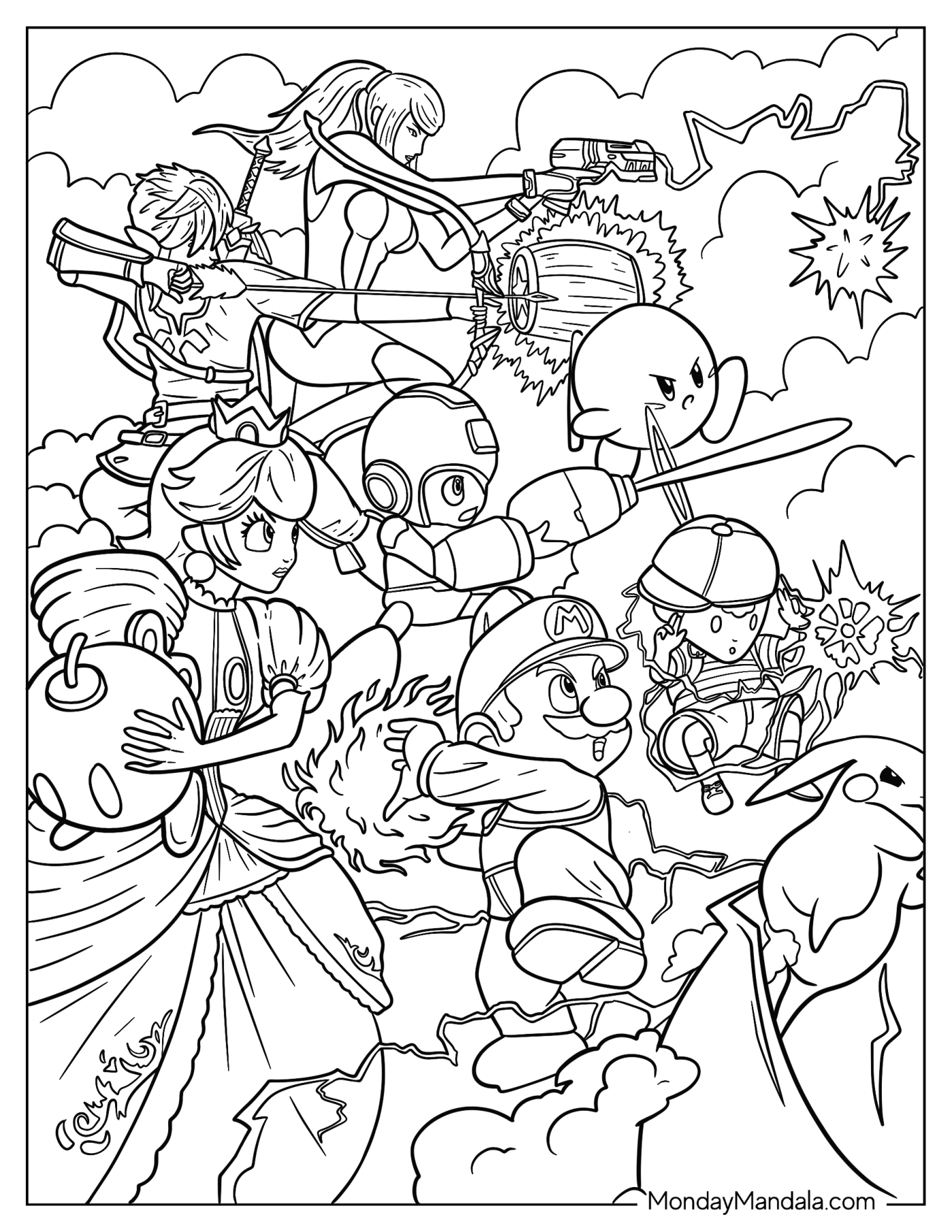 Super Smash Bros Coloring Page Of Princess Peach, Mega Man, Zelda, Samus, Mario, Kirby, Pikachu, And Ness