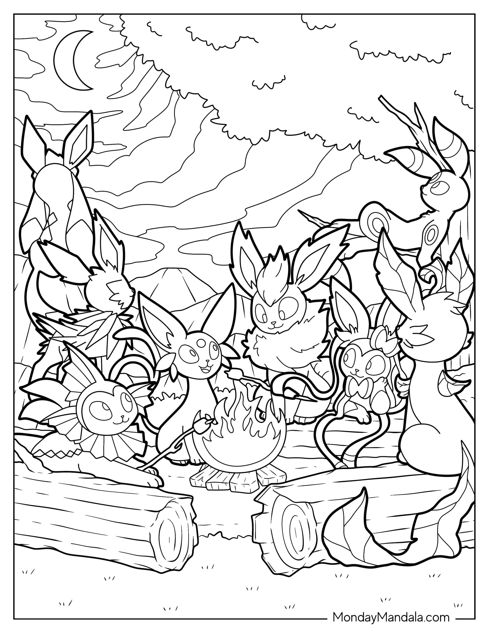 Sylveon Coloring Page With Other Eevee Evolutions Around Bonfire