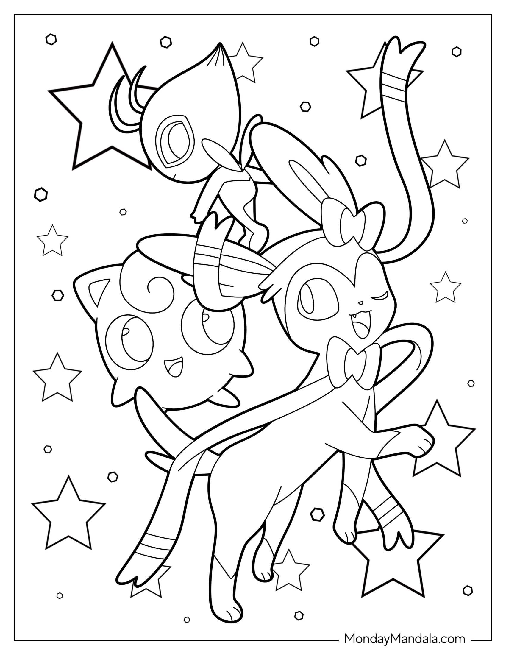 Sylveon With Celebi And Jigglypuff Coloring Page