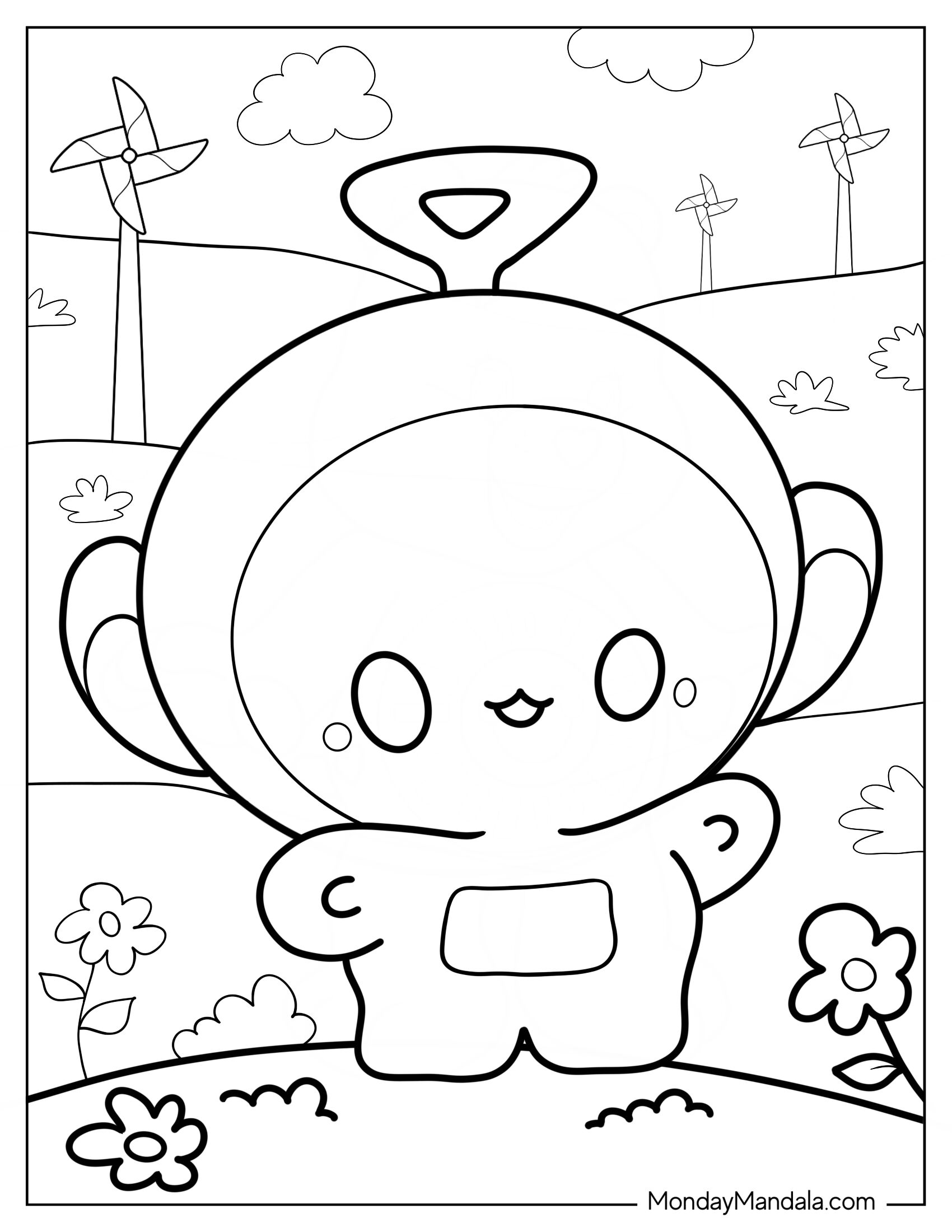 Teletubbies Coloring Page Of Chibi Tinky Winky With Arms Open For Preschoolers 