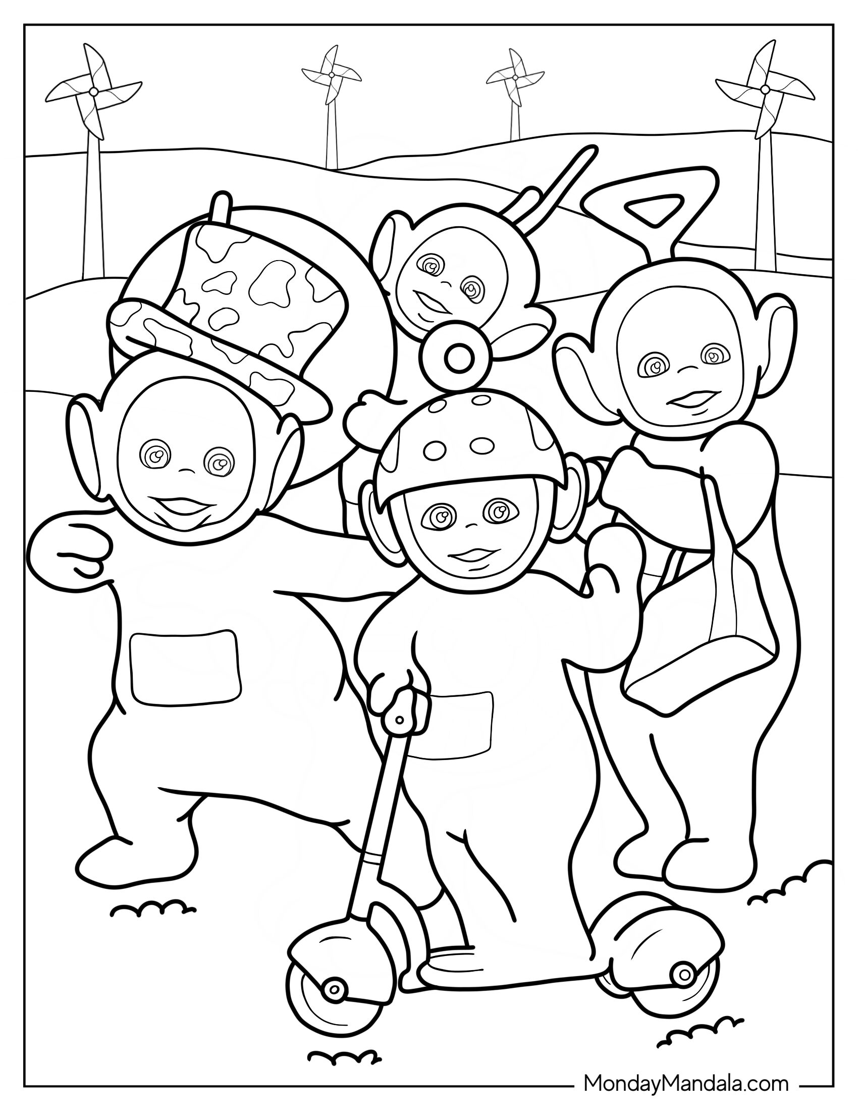 Teletubbies Coloring Page Of Dipsy, Laa Laa, Tinky Winky, And Po With Scooter, Bag, And Hat