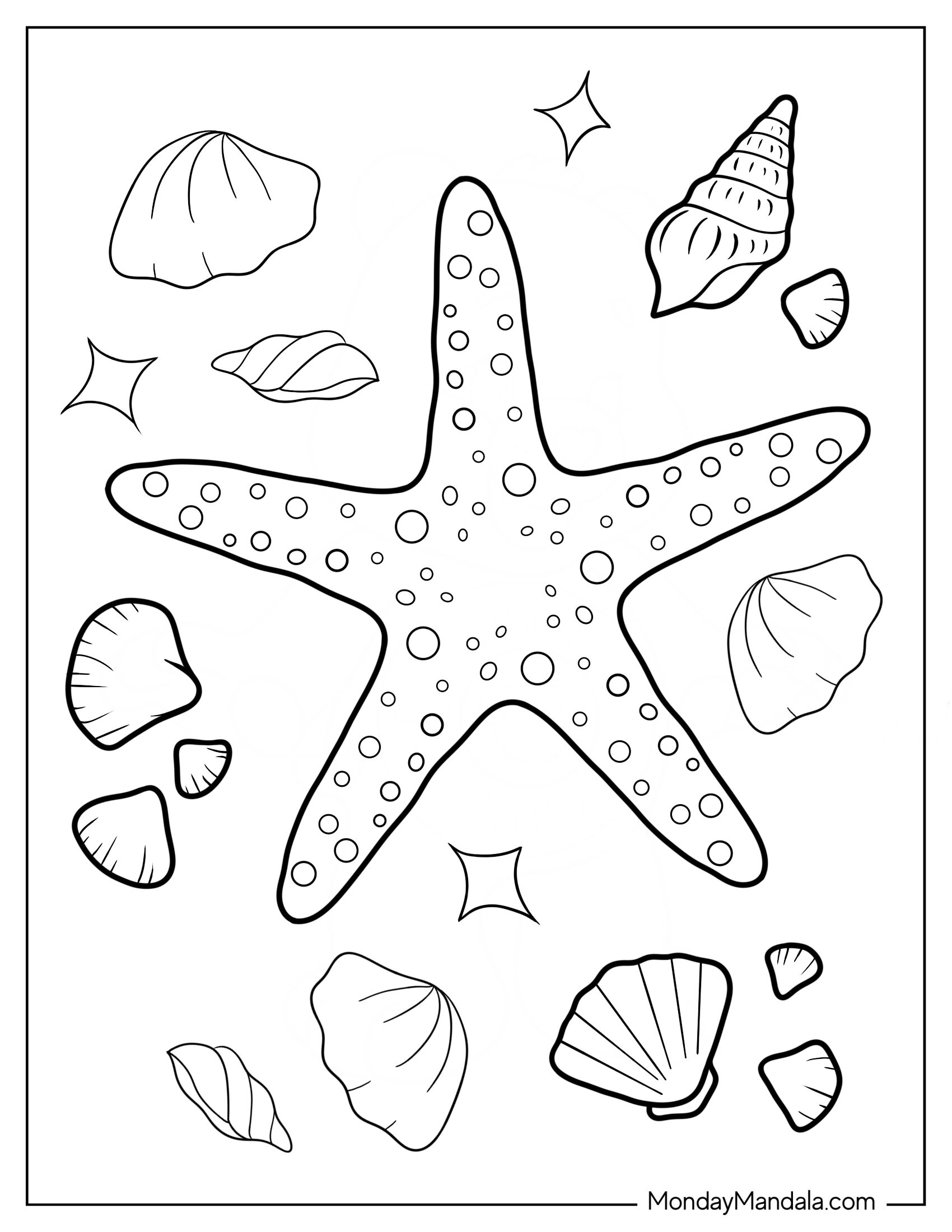 Textured Starfish Coloring Page With Seashells