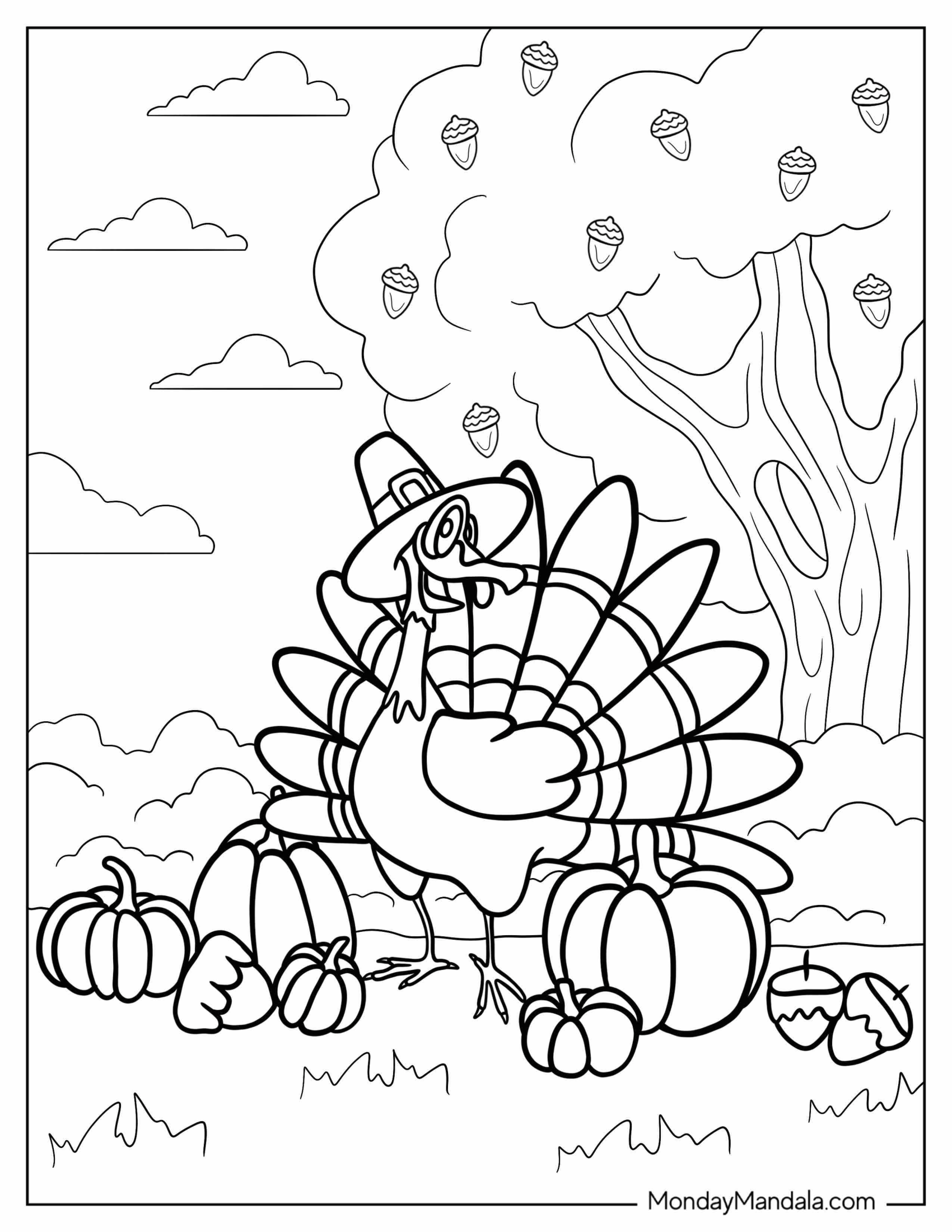 Thanksgiving Cartoon Turkey with Hat Coloring In