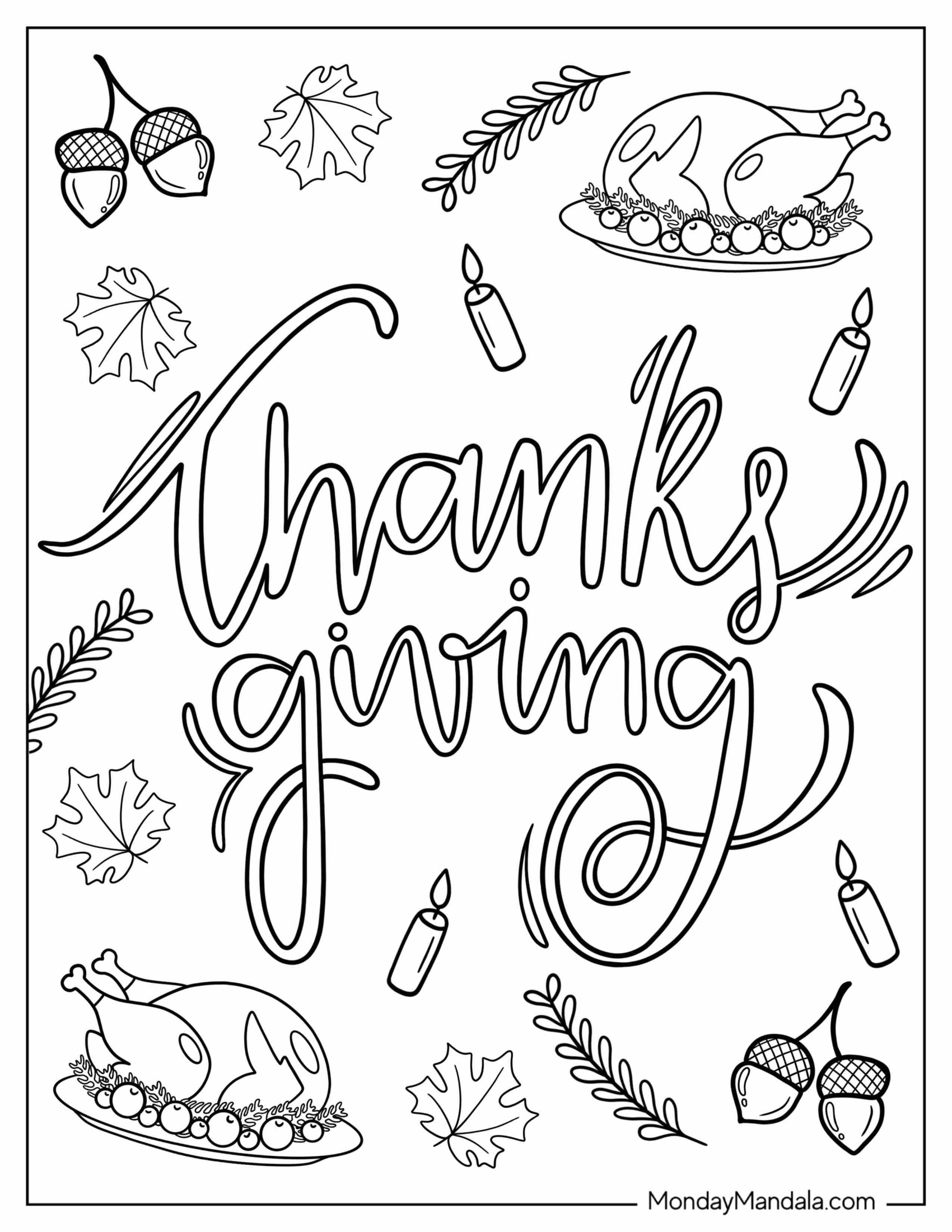 Thanksgiving Lettering With Turkey, Leaves, And Acorns