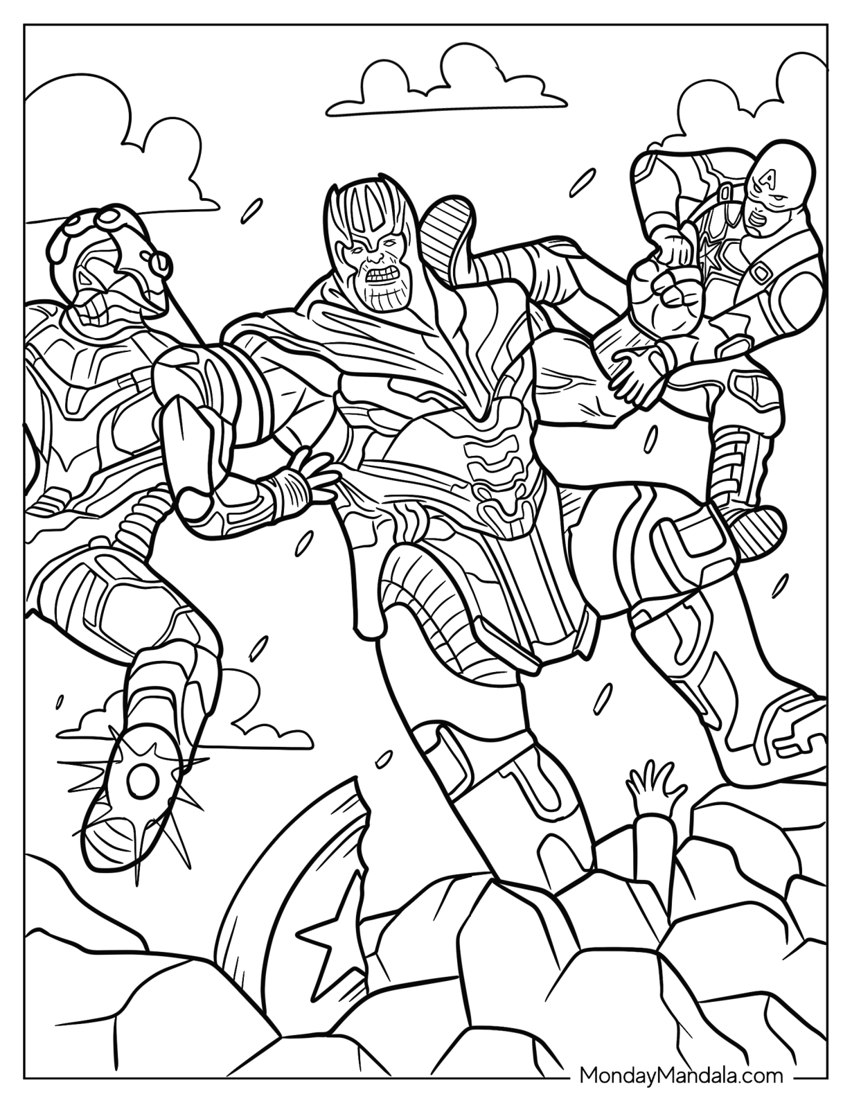 Thanos Coloring Page Battling Iron Man And Captain America