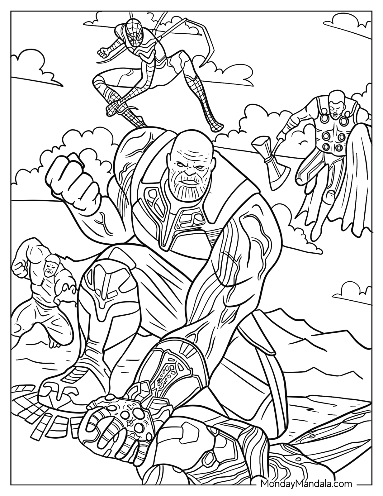 Thanos Coloring Page Fighting Hulk, Spider Man, And Thor