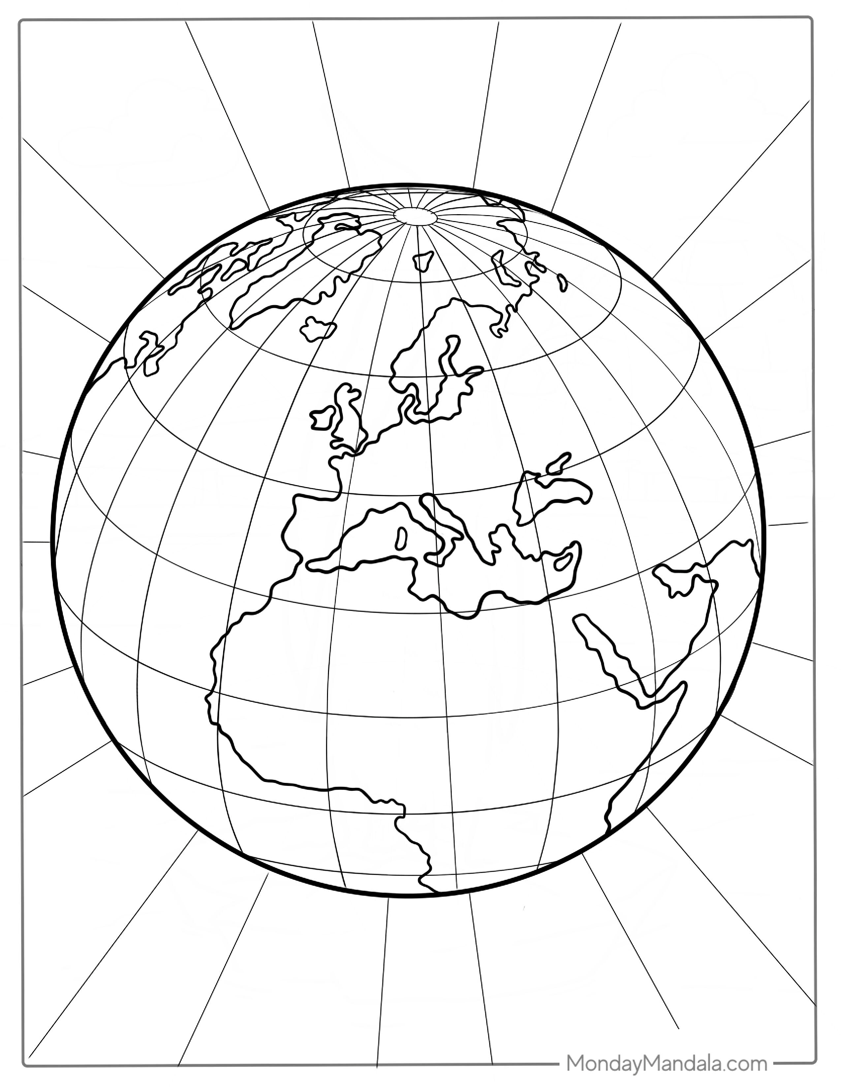 The Earth With Longitude And Latitude Lines Coloring Page