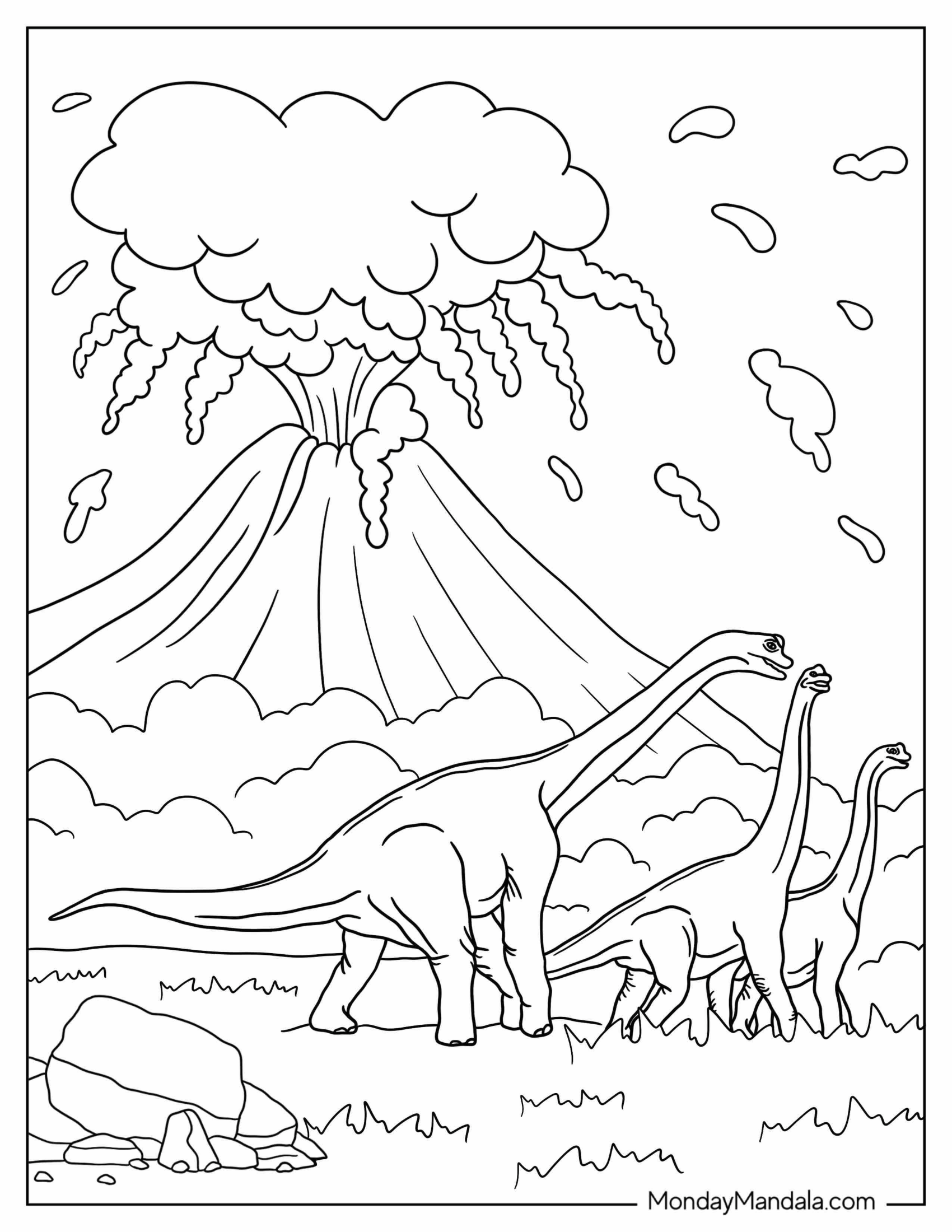 Three Brachiosaurus Running Away From Volcano