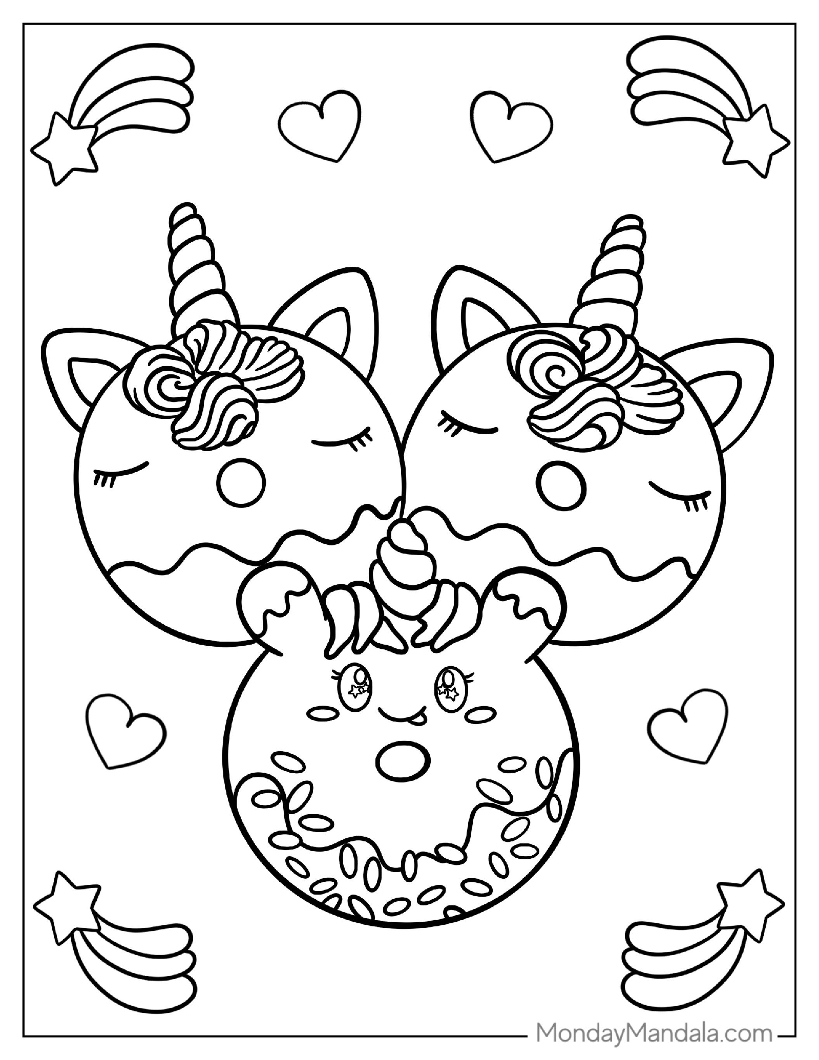 Three Cute Kawaii Unicorn Donuts To Color