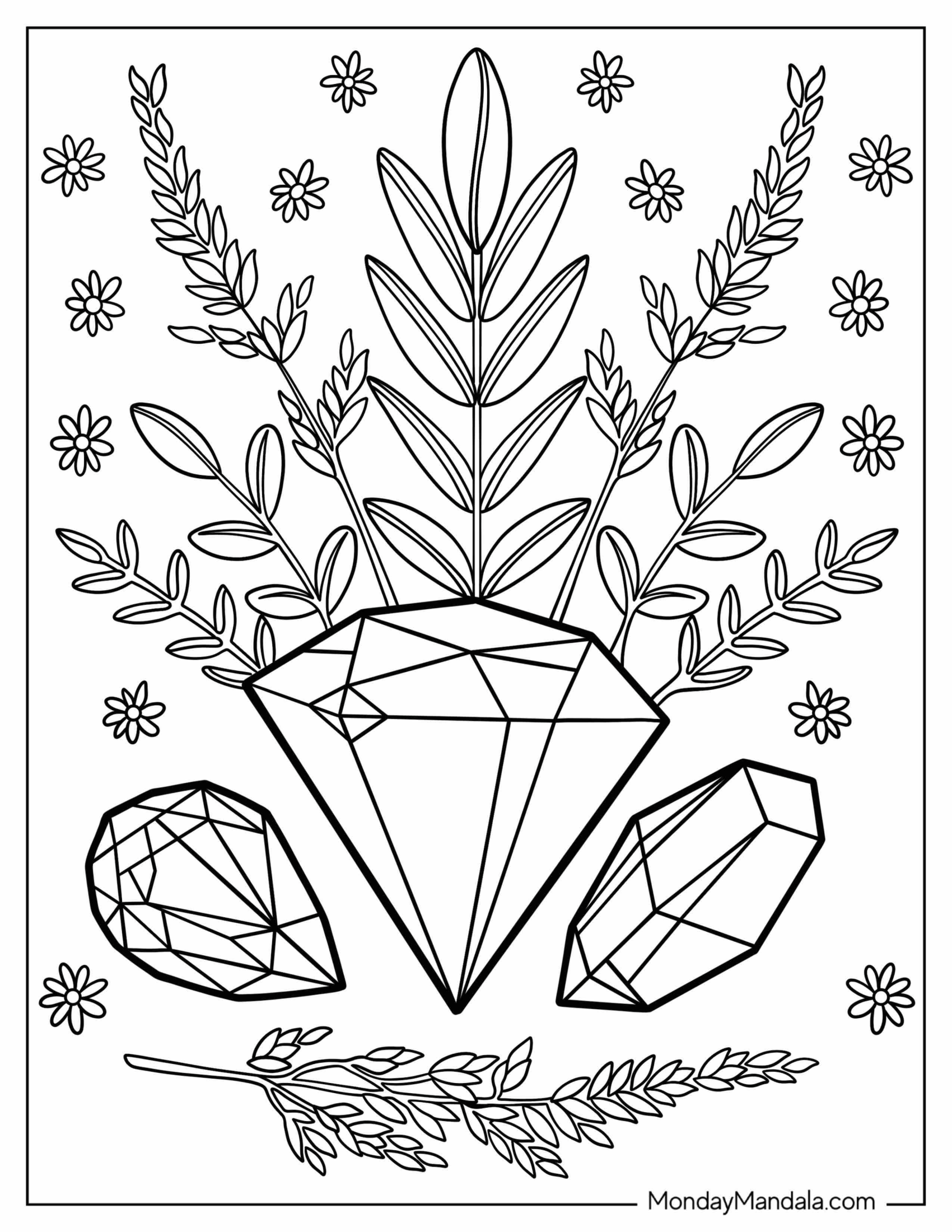 Three Different Cuts Of Crystal Coloring Page With Leaves