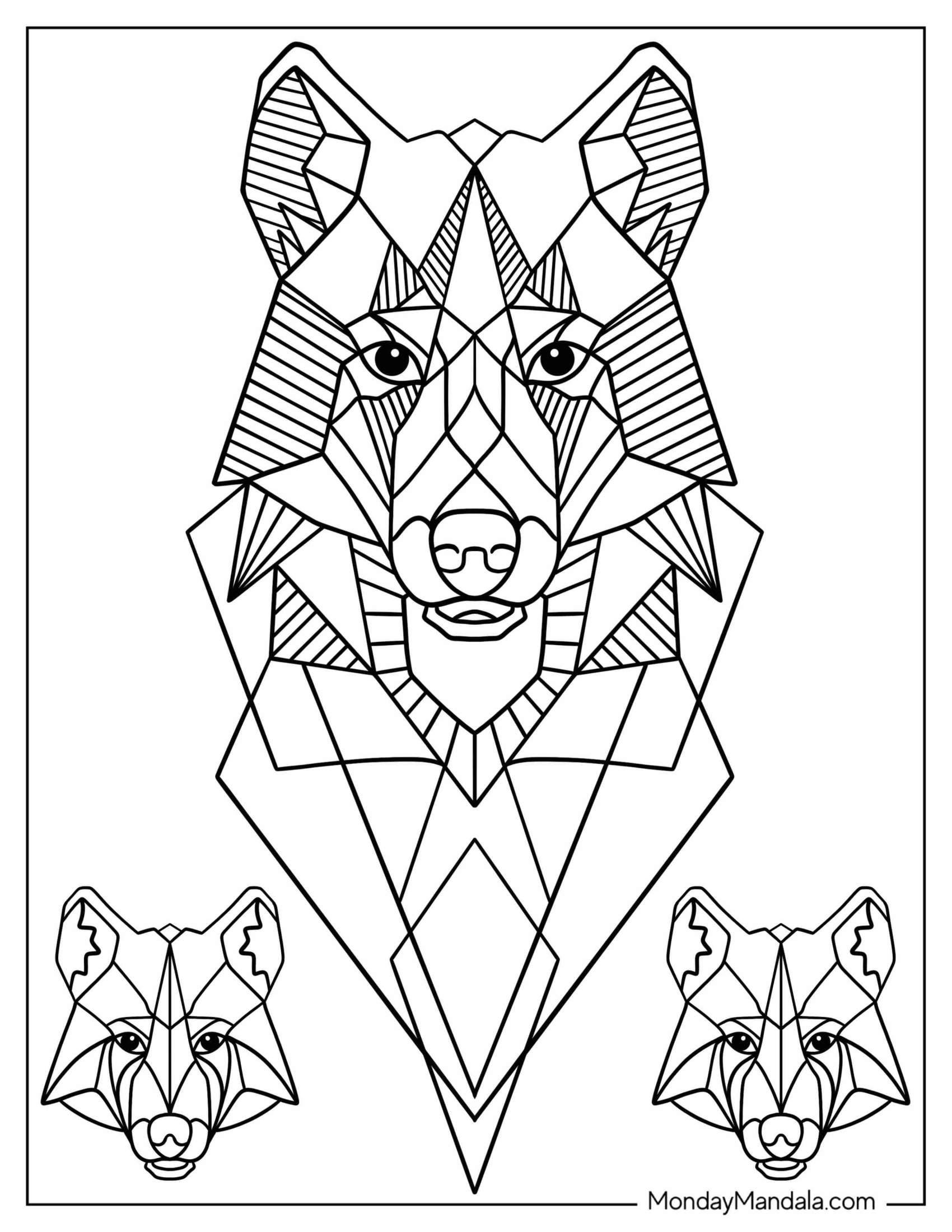 Three Geometric Coloring Page Of Dog Faces