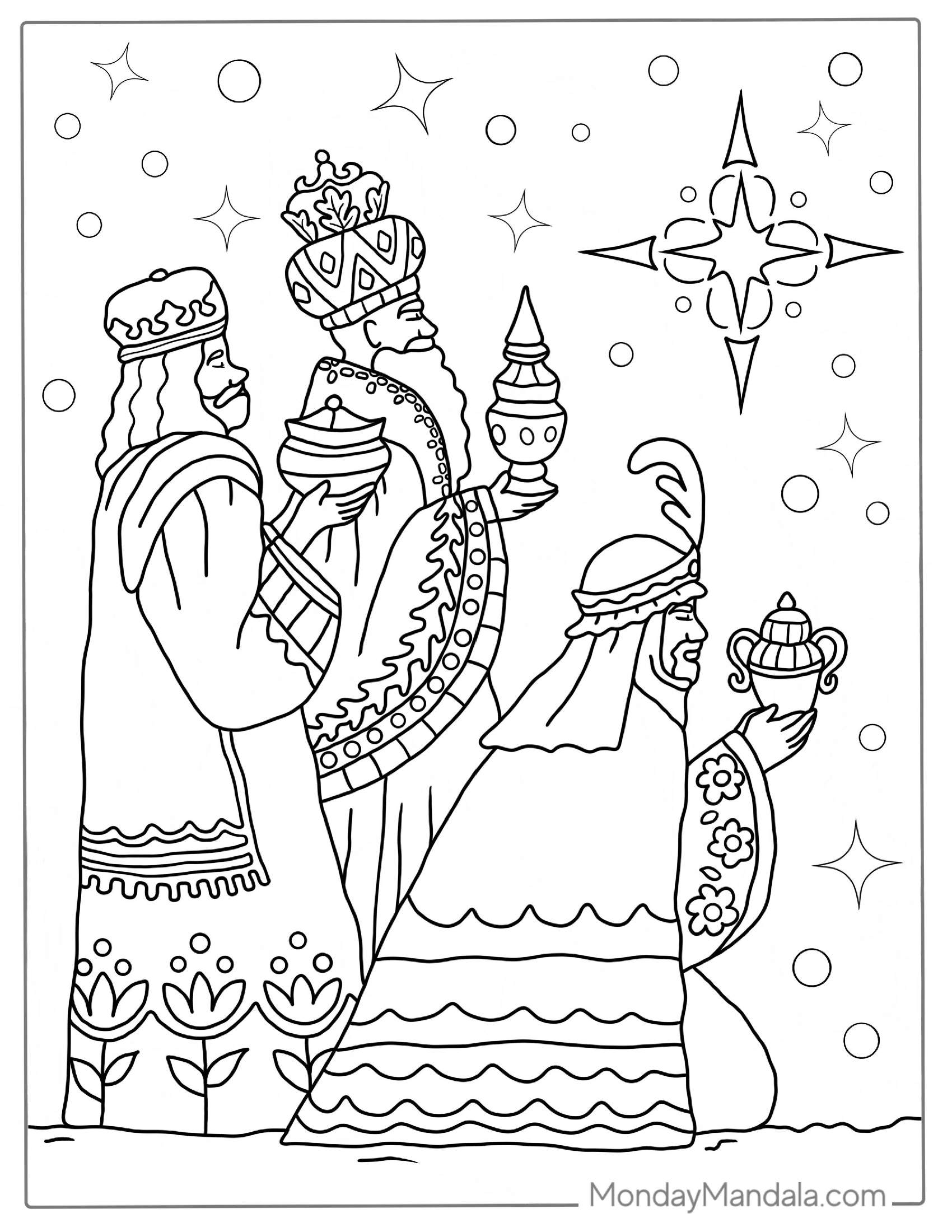 Three Wise Men (Magi) Brining Gifts Coloring Page