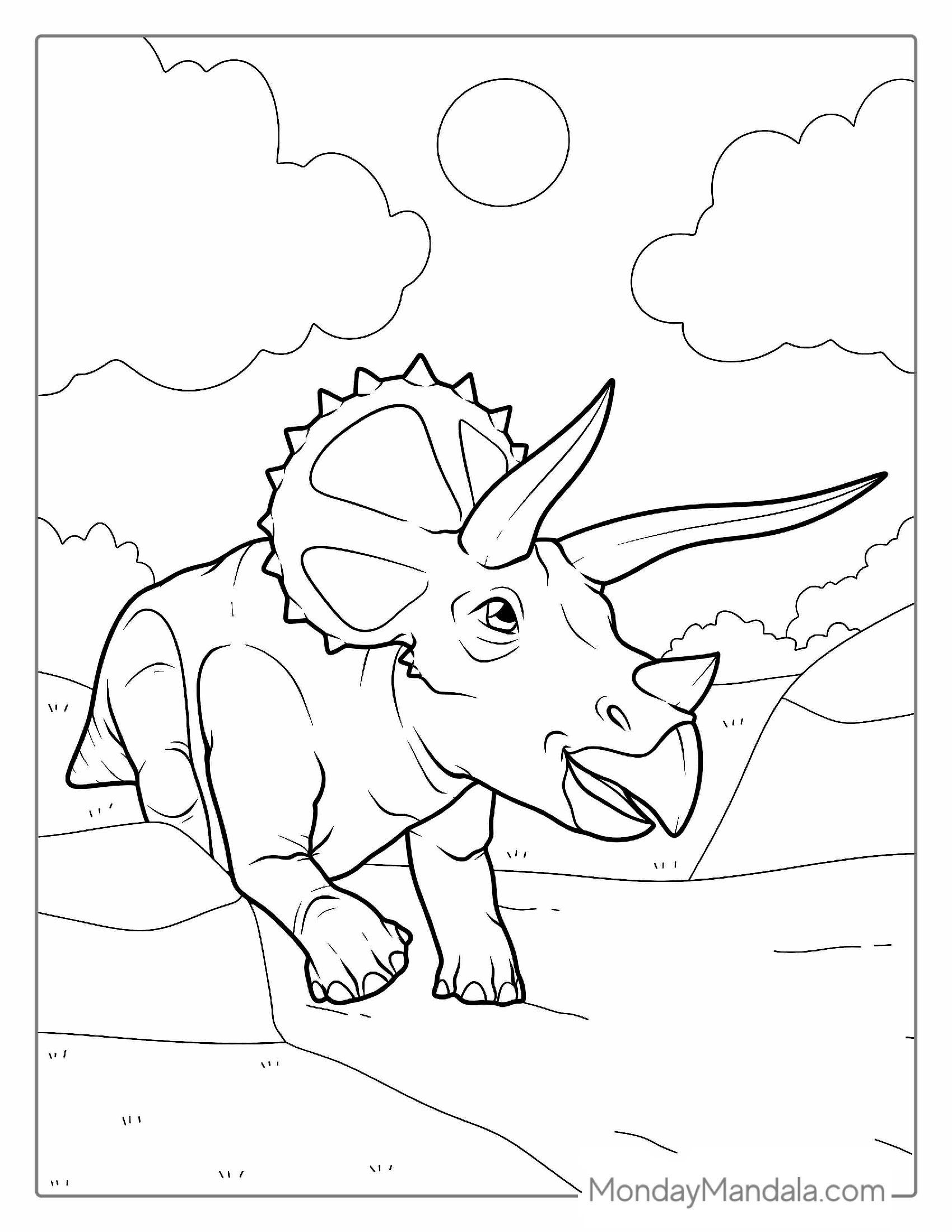 Triceratops With Three Horns To Color