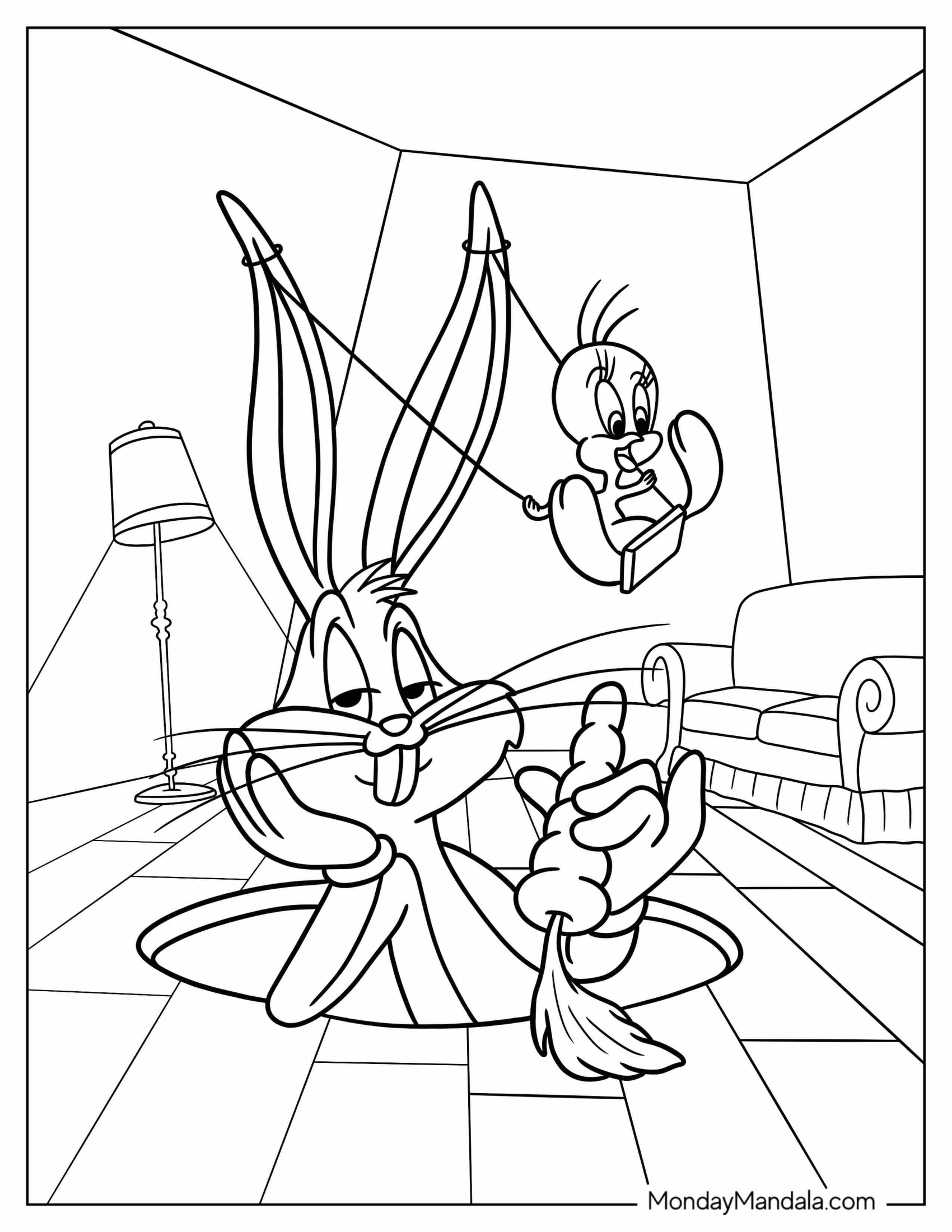 Tweety Bird Riding Swing On Bugs Bunny Coloring Page Ears